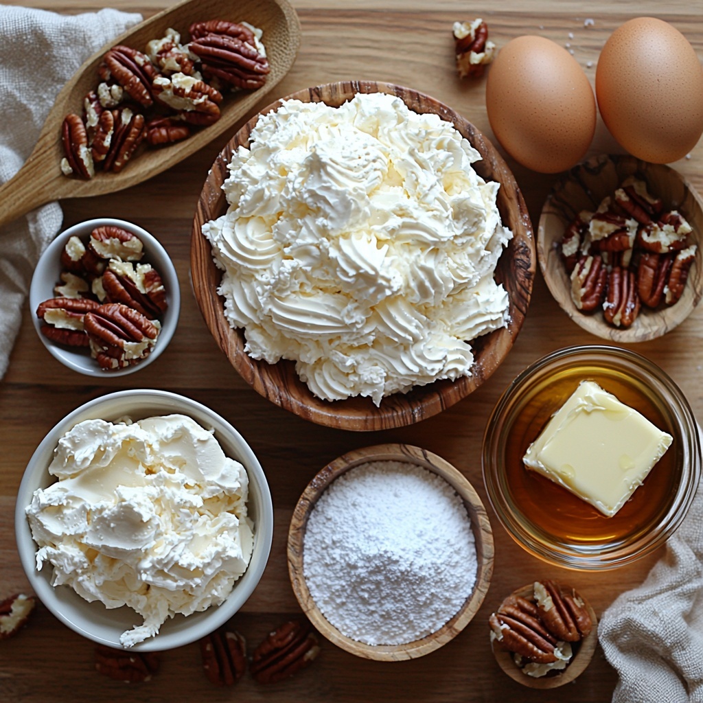 cream cheese block softened, smooth and creamy white; fluffy light blue container of Cool Whip, slightly whipped texture; fine white powdered sugar heap with a small wooden scoop; small glass bowl of golden vanilla bean paste with visible black specks; tiny white ceramic dish of fine salt; rustic wooden bowl filled with roughly chopped pecans, warm brown with natural texture; small clear glass bowl of glossy light amber corn syrup catching light; three shiny cubes of salted butter, pale yellow with smooth edges; fresh large brown egg with glossy shell; small glass bowl of clear vanilla extract; ingredients meticulously arranged on a clean, light wooden surface with natural soft daylight casting gentle shadows; subtle props like a wooden spoon and linen napkin placed casually nearby to add warmth and homeliness; textures and colors contrasting beautifully to highlight each ingredient’s unique character; overall composition balanced with negative space around each item for clarity and visual appeal; overhead shot, top down view, flat lay photography, professional food styling --ar 1:1 --q 2 --s 750 --v 6.1