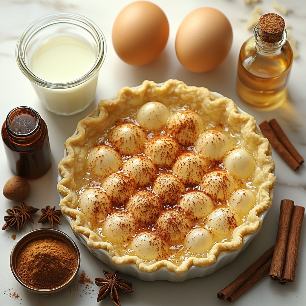 A clean white surface with a 9-inch pre-made pie crust in a round dish showcasing its golden, flaky texture; a glass measuring cup filled with creamy whole milk; a small bowl of fine granulated sugar gleaming under soft light; four large brown eggs arranged neatly beside the sugar; a small ramekin of warm brown ground cinnamon powder displaying a velvety texture; a tiny glass bottle of pure vanilla extract with a wooden cork; rustic cinnamon sticks and a dusting of cinnamon powder artfully scattered around for warmth; natural lighting highlighting the contrast of creamy, brown, and golden hues; subtle shadows enhancing textures and depth, arranged thoughtfully with negative space for a balanced composition — overhead shot, top down view, flat lay photography, professional food styling --ar 1:1 --q 2 --s 750 --v 6.1