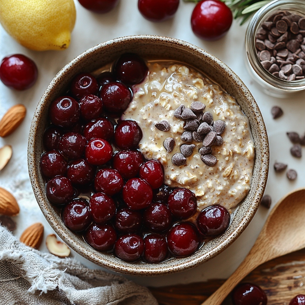 half cup old fashioned oats in a small rustic bowl, half cup dairy-free milk in a clear glass measuring cup, half cup frozen sweet pitted cherries partially thawed and slightly glossy with juice, a tablespoon of creamy almond butter swirled in a wooden spoon, a tablespoon of ground flax-seed in a tiny ceramic dish, small glass bowl with 1-2 teaspoons golden maple syrup catching light, half tablespoon fresh lemon juice in a delicate white porcelain cup, a tiny vial or dropper bottle with almond extract, small dollop of smooth dairy-free yogurt on a white plate, scattered vegan dark chocolate chips, shiny dark brown cocoa nibs sprinkled loosely, and thinly sliced almonds fanned out on a natural linen napkin—arranged neatly on a clean, bright white surface with soft natural lighting highlighting the varied textures — colors vibrant with red cherries, creamy whites, warm browns and delicate yellows, minimal shadows for a fresh and inviting feel, subtle rustic props like wooden spoons and linen adding cozy warmth, overhead shot, top down view, flat lay photography, professional food styling --ar 1:1 --q 2 --s 750 --v 6.1