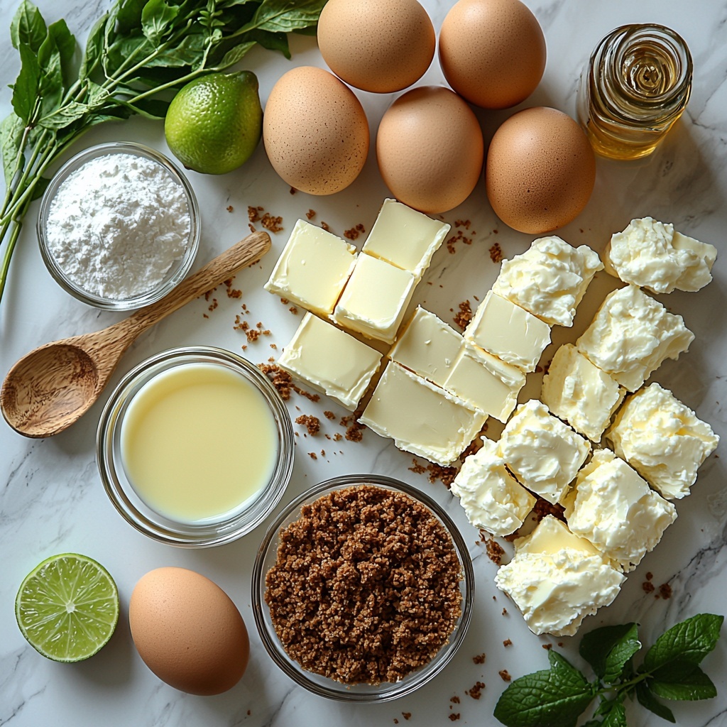 graham cracker crumbs in a small glass bowl with a rustic wooden spoon, melted unsalted butter in a small white ceramic ramekin, two large blocks of creamy softened cream cheese on a light marble surface, a crystal bowl filled with white granulated sugar next to three large fresh eggs with smooth brown shells, a small clear glass bowl containing vibrant pale green key lime juice, a tiny white dish with finely grated bright green key lime zest, a small glass bottle of amber vanilla extract with a cork stopper, all ingredients neatly arranged with space around them on a clean white background highlighting the contrasting textures and soft natural daylight casting gentle shadows, minimal props for a fresh and inviting look, overhead shot, top down view, flat lay photography, professional food styling --ar 1:1 --q 2 --s 750 --v 6.1