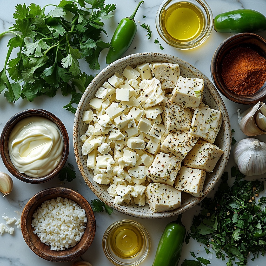 4 boneless skinless chicken thighs marinated in creamy white coconut milk with specks of golden yellow curry powder, fresh minced garlic cloves, grated pale yellow ginger root, and scattered grains of salt and sugar; a shallow white bowl holding the marinating mixture; a rustic plate piled with fine white rice flour dusted with cracked black pepper; a small glass bowl filled with bright red Thai chili sauce next to a creamy pale pink bowl of mayonnaise or plain yogurt; thin, translucent slices of cucumber with pale green edges arranged neatly next to a small heap of vibrant orange pickled carrots with a glossy sheen; sprigs of fresh leafy cilantro and dark green Thai basil scattered artfully around; 4 soft golden toasted brioche buns with a slight sheen from toasting, placed with their rounded tops visible; all elements carefully spaced on a clean, matte white surface to highlight contrasting colors and textures — the smooth curry marinade, powdery flour, crispy fried chicken skin, glossy pickles, and fresh leaves — natural daylight softly illuminating from one side creating gentle shadows, styled with minimal props for an elegant, fresh, and inviting aesthetic, overhead shot, top down view, flat lay photography, professional food styling --ar 1:1 --q 2 --s 750 --v 6.1
