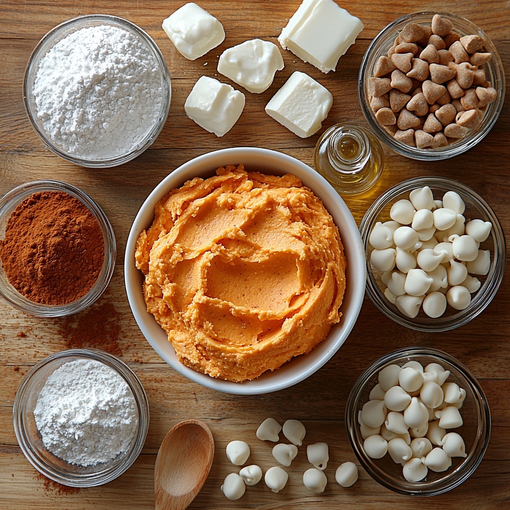 pumpkin puree in a small white bowl with smooth, vibrant orange texture; block of cream cheese with a creamy off-white surface, partially unwrapped on parchment paper; heap of fine powdered sugar in a delicate white ceramic dish; small glass bowl of golden brown pumpkin spice powder; clear glass bowl filled with light brown, coarse graham cracker crumbs; white chocolate chips scattered neatly in a shallow rustic wooden bowl; small glass jar containing clear, shiny coconut oil; teaspoon of vanilla extract in a tiny amber bottle with a cork stopper; all ingredients arranged separately in clean white bowls and dishes on a light wooden surface with subtle natural grain, a few wooden spoons and a metal whisk placed artfully around; soft natural daylight illuminating the scene, creating gentle shadows that emphasize the creamy and powdery textures; warm, cozy autumnal color palette with hints of orange, cream, and brown; minimal props, focus on fresh, raw ingredients with clean, uncluttered composition; overhead shot, top down view, flat lay photography, professional food styling --ar 1:1 --q 2 --s 750 --v 6.1