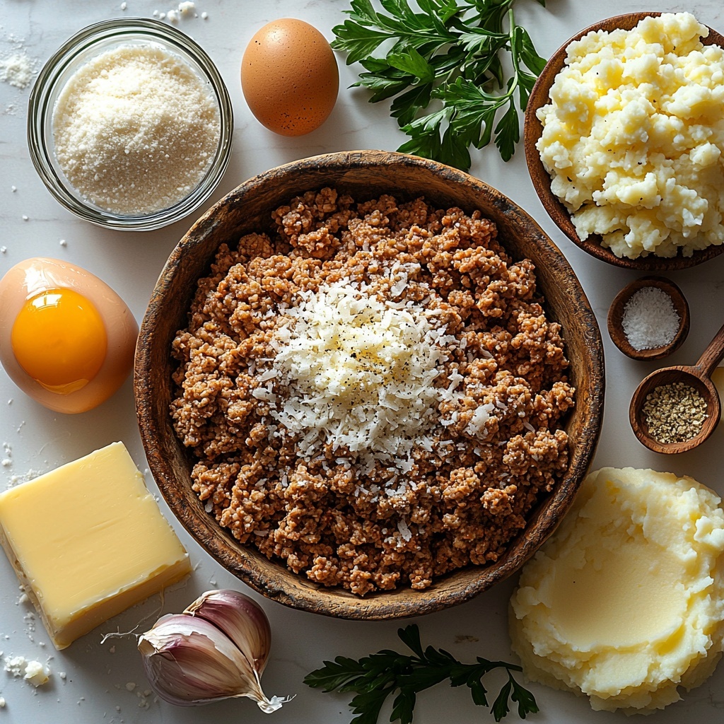 500g ground chicken in a rustic ceramic bowl, nearby a raw whole egg cracked open with yolk visible in a small glass dish; a small pile of light golden panko breadcrumbs scattered loosely on the clean surface; a heap of finely grated Parmesan cheese with its pale yellow color contrasting against the crumbs; two fresh garlic cloves, one whole and one minced on a wooden board; a small bunch of vibrant green fresh parsley sprigs and a few loose chopped leaves sprinkled artistically; a small white bowl filled with reddish paprika powder; a teaspoon of fine beige onion powder in a tiny dish; coarse sea salt crystals and freshly ground black peppercorns neatly arranged in small piles; a block of creamy yellow butter cut into cubes near a small mound of white all-purpose flour; a clear glass jug pouring smooth, creamy milk; a small mound of shredded mozzarella cheese next to extra grated Parmesan for sauce; a tiny bowl holding freshly ground nutmeg; a smooth scoop of fluffy mashed potatoes and silky cauliflower purée placed side by side, all on a pristine white marble countertop. The ingredients are balanced by touches of fresh thyme and parsley sprigs for garnish, illuminated by soft natural light that highlights the textures and colors with gentle shadows. The scene is styled with minimal props, a clean and modern aesthetic, focusing on freshness and the rich creaminess of the components, evoking warmth and inviting comfort. overhead shot, top down view, flat lay photography, professional food styling --ar 1:1 --q 2 --s 750 --v 6.1