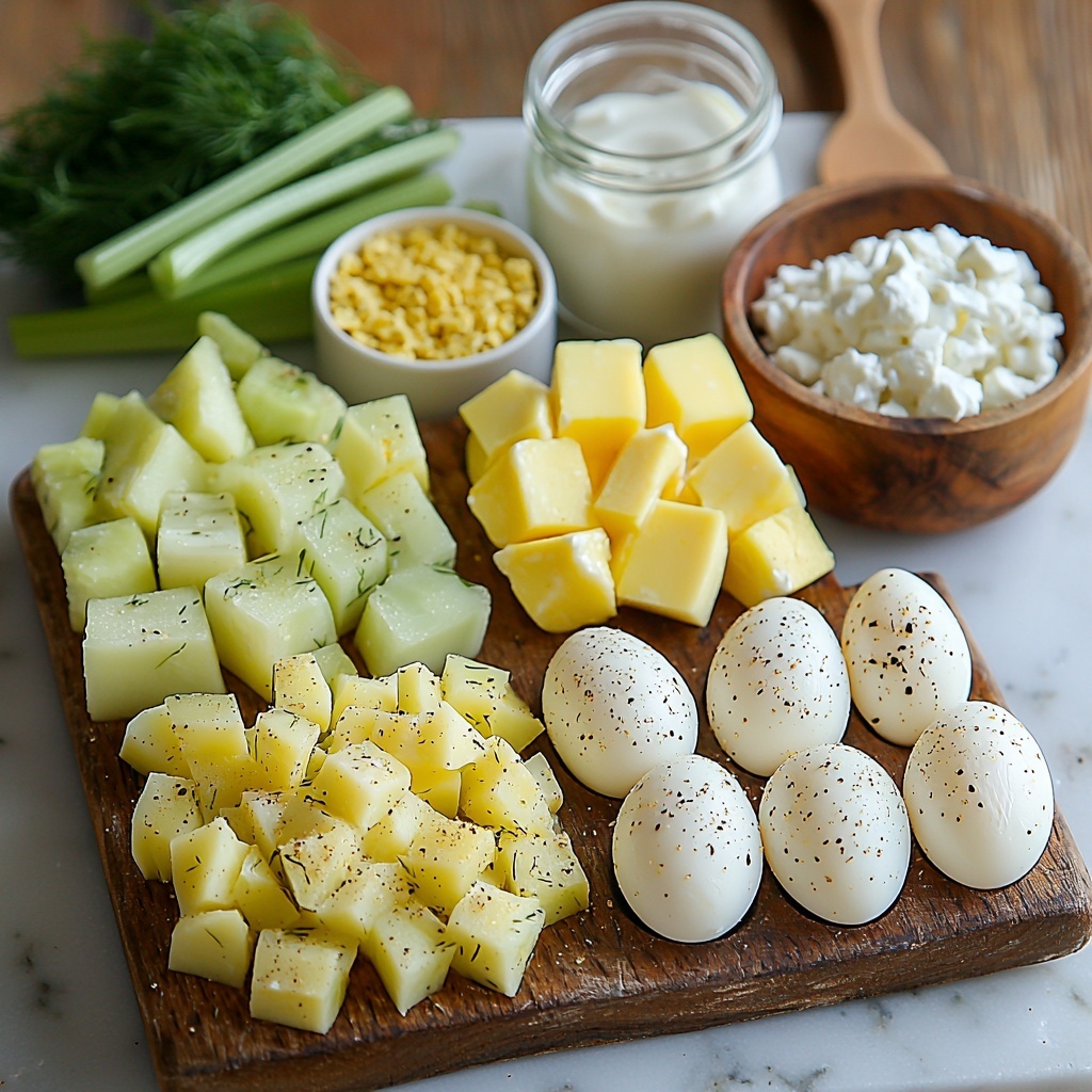 Russet potatoes, peeled and diced into medium cubes, bright golden-yellow; hard boiled eggs, finely crumbled with soft white and rich yellow yolk pieces; sweet onions, very finely diced, translucent white with subtle purple hints; celery, peeled and finely diced, crisp pale green; dill pickles, finely diced, vibrant green with a glossy texture; creamy mayonnaise in a small bowl, smooth and off-white; bright yellow regular mustard in a small dish; small clear glass bowl with pale yellow pickle juice; half and half cream in a tiny white ceramic pitcher; kosher salt sprinkled lightly in a small dish, coarse white crystals; white pepper in a delicate shaker, fine pale powder; granulated sugar in a minimal heap, sparkling white crystals. All ingredients artfully arranged in neat groups on a pristine white marble surface with gentle natural light enhancing colors and textures. Minimal shadows, clean and inviting composition, soft rustic props such as a wooden spoon and linen napkin placed subtly at edges for warmth. Overhead shot, top down view, flat lay photography, professional food styling --ar 1:1 --q 2 --s 750 --v 6.1