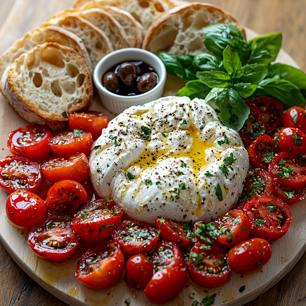 A flat lay overhead shot of a rustic Mediterranean bread and burrata board arranged on a clean light wooden surface. In the center, a large ball of creamy white burrata cheese with a slightly glossy, soft texture. Surrounding it, slices of rustic artisan bread with a golden crust and airy crumb arranged neatly in a loose semi-circle. Small white ceramic bowls holding halved vibrant red cherry tomatoes tossed in glossy olive oil with specks of dried oregano, black pepper, and salt, placed adjacent to the burrata. Scattered around are shiny deep purple Kalamata olives and bright red roasted pepper slices with a slightly wrinkled texture. Fresh green basil leaves are sprinkled artfully throughout for vivid pops of color. A small drizzle of dark, glossy balsamic glaze or golden honey adds contrast and visual interest. The overall palette features warm rustic tones of bread, rich reds and purples of the vegetables, contrasted by creamy white cheese and fresh green herbs, styled with natural, soft daylight and minimal shadows. Overhead shot, top down view, flat lay photography, professional food styling --ar 1:1 --q 2 --s 750 --v 6.1