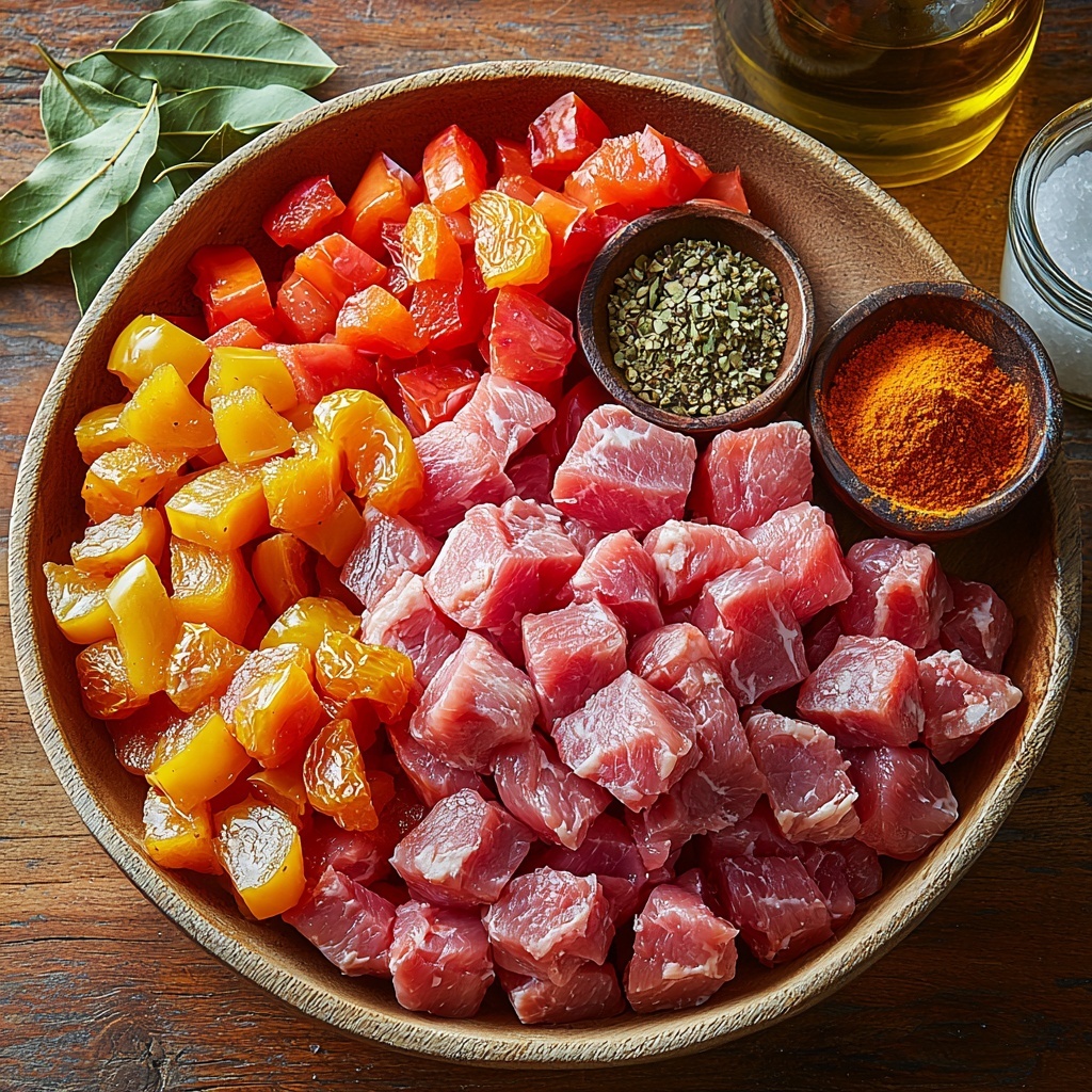 boneless lamb or chicken thigh chunks in a small rustic bowl showing rich, raw pink hues and marbled texture; vibrant dried apricots scattered nearby with bright orange color and slightly wrinkled surface; chopped red and yellow bell pepper chunks arranged in neat piles showcasing vivid reds and sunny yellows with glossy skin; large red onion pieces cut into squares revealing purple and white layers with a crisp texture; small bowl of minced garlic cloves with creamy white color and fine texture; small wooden bowls of golden brown sugar crystals and bright yellow curry powder creating warm earthy tones; glass jar of apple cider vinegar with amber liquid catching light; small dish of olive oil with a smooth, shiny golden surface; bay leaves arranged artistically with deep green matte finish; sprinkling of coarse salt and cracked black peppercorns scattered sparingly across the light wooden surface for contrast; all ingredients spaced evenly on a clean, pale wood table with natural soft lighting emphasizing fresh colors and textures, subtle shadows adding depth and warmth, minimal props, rustic modern style, overhead shot, top down view, flat lay photography, professional food styling --ar 1:1 --q 2 --s 750 --v 6.1