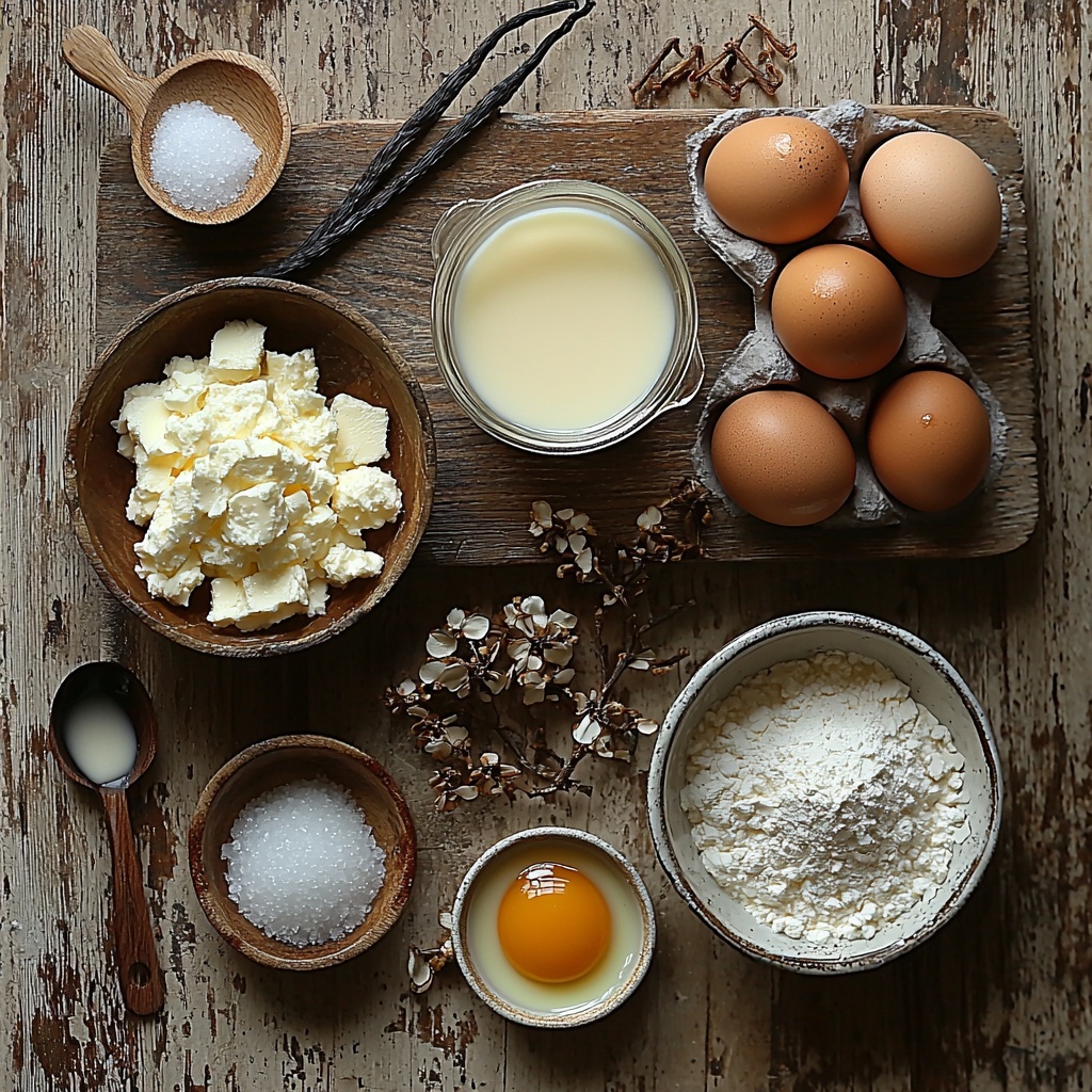 3 cups whole milk in a clear glass measuring cup with smooth creamy white color, a small square dish holding 1 tablespoon golden butter, a small glass bowl with a teaspoon of clear pure vanilla extract, a white ceramic bowl filled with fine white cornstarch powder, a rustic bowl containing ¾ cup sparkling white sugar, a tiny pinch of salt in a mini spoon, three vibrant orange egg yolks in a small glass bowl with glossy texture; all ingredients arranged neatly and spaced evenly on a clean, light wooden surface with natural soft daylight illuminating from the side, subtle shadows adding depth, accents of delicate fresh vanilla pod and vintage silver measuring spoons placed artfully nearby, emphasizing textures and colors of each element, minimalistic and elegant styling with a warm, inviting atmosphere, overhead shot, top down view, flat lay photography, professional food styling --ar 1:1 --q 2 --s 750 --v 6.1