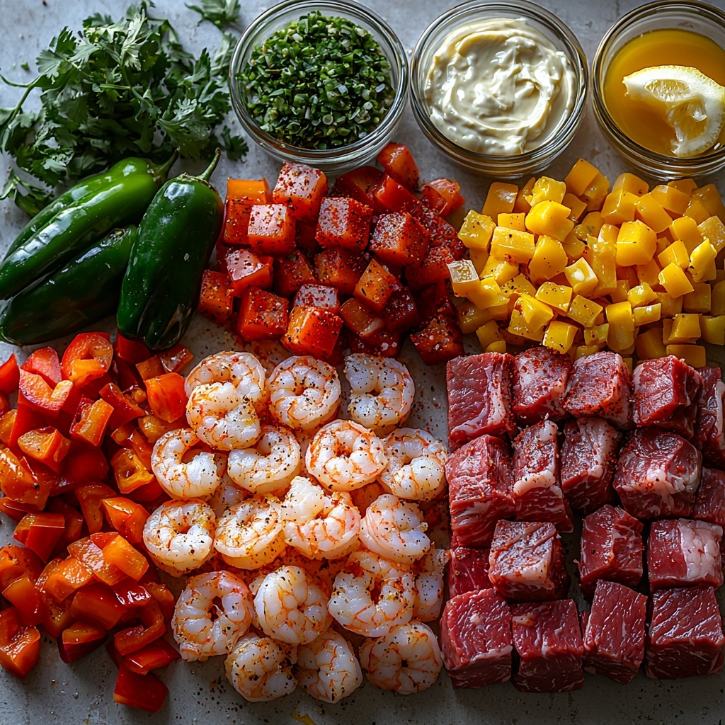 ribeye steak cut into ¼-inch cubes showing rich marbling and deep red color, raw peeled and deveined shrimp quartered with a slightly translucent pink hue, chopped poblano pepper in deep green chunks, diced red and yellow bell peppers with vibrant glossy surfaces, thin slices of yellow onion showing translucent layers, small glass bowls containing Creole rub spices including reddish-brown smoked paprika, garlic powder, onion powder, and Tony’s Creole seasoning with fine, powdery textures, a small bowl of creamy pale mayonnaise mixed with Worcestershire sauce and lemon juice visible as a smooth sauce, a drizzle of golden avocado oil in a shallow dish, large 14-inch flour tortillas folded slightly at the edges with soft, pale beige tones, scattered shredded Mexican cheese in warm creamy yellows with delicate strands, ingredients thoughtfully arranged on a clean, matte white surface to highlight vivid colors and contrasting textures, natural soft daylight illuminating from top left casting gentle shadows, minimal props emphasizing the rustic freshness and bold flavors of Creole cuisine, garnished with a few fresh lemon wedges and a sprig of cilantro for a pop of green, overhead shot, top down view, flat lay photography, professional food styling --ar 1:1 --q 2 --s 750 --v 6.1