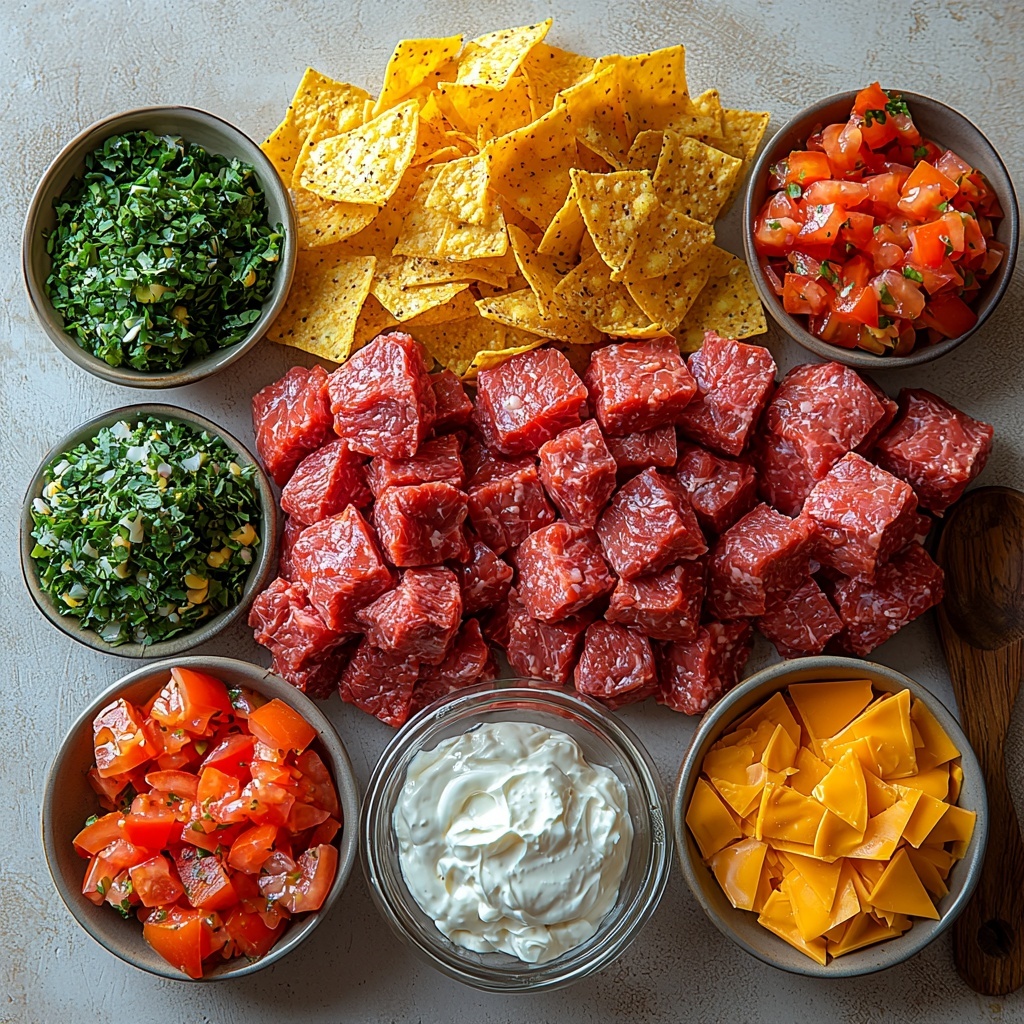 A clean white surface with all the main ingredients for Taco Ranch Bites beautifully arranged for a flat lay photograph: a mound of raw ground beef showcasing its rich red color and marbled texture, small bowls filled with bright orange taco seasoning powder and creamy white ranch seasoning mix, a clear glass measuring cup with 1/4 cup water, a neat stack of golden mini tortilla scoop chips with their crisp, curved shapes visible, a small heap of vibrant shredded cheddar and Mexican blend cheese in yellow and orange hues, a small bowl with diced bright red tomato pieces glistening with freshness, a small dish of finely chopped fresh green cilantro, and three separate small bowls containing smooth white sour cream, chunky green guacamole, and vivid red salsa with visible tomato seeds and herbs. The ingredients are thoughtfully spaced to highlight their textures and colors, with soft natural light casting gentle shadows and enhancing the freshness. The composition includes subtle rustic elements like a folded linen napkin and a wooden spoon resting nearby for added warmth and contrast. Overhead shot, top down view, flat lay photography, professional food styling --ar 1:1 --q 2 --s 750 --v 6.1