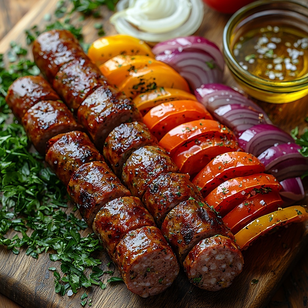 Italian sausages (mild, spicy, various flavors) arranged in a neat row showcasing their browned, slightly crispy texture; three whole bell peppers—green, red, and orange—sliced into vibrant strips, fanned out with bright, glossy skin; one whole onion sliced lengthwise, revealing crisp white layers with subtle purple edges; small glass bowl with golden olive oil, sprinkled with coarse salt, black pepper, and dried oregano flakes; ingredients placed on a clean, light wooden surface with soft natural lighting to enhance vivid colors and textures; minimal shadows, fresh and rustic farmhouse style, slight rustic linen napkin softly folded nearby, a few scattered oregano leaves adding organic charm; overhead shot, top down view, flat lay photography, professional food styling --ar 1:1 --q 2 --s 750 --v 6.1