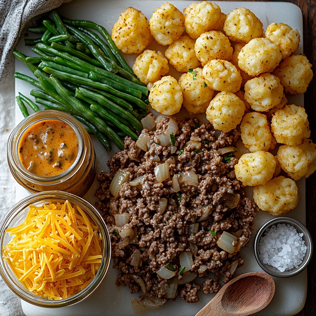 1 lb lean ground beef, 1/2 diced onion, 2 cloves minced garlic, 1 tbsp Worcestershire sauce in a small jar, 15 oz can drained green beans with some fresh green beans beside it, 10.75 oz can condensed cream of mushroom soup with a spoonful scooped out, 2 cups shredded sharp cheddar cheese in a small bowl, 2 cups frozen golden tater tots scattered, salt and pepper in small clear bowls, all ingredients neatly arranged on a clean white marble surface. Textures contrast from the soft ground beef and creamy soup to the crisp frozen tots and shredded cheese. Warm natural light accentuates rich reds, creamy whites, bright greens, and golden yellows, with minimal shadows. Simple neutral linen napkin and a rustic wooden spoon nearby for styling accents. Overhead shot, top down view, flat lay photography, professional food styling --ar 1:1 --q 2 --s 750 --v 6.1