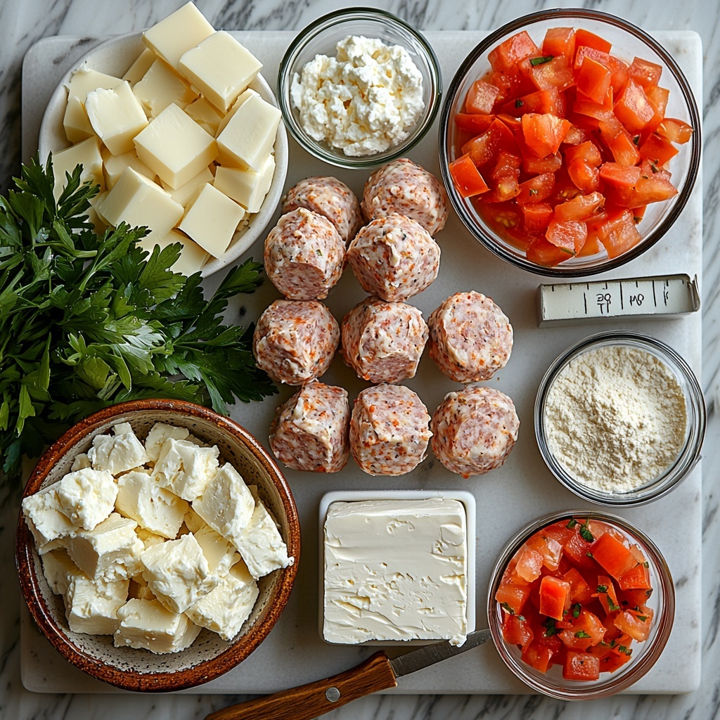 A clean white marble surface with all ingredients for a sweet potato egg casserole neatly arranged in a visually pleasing flat lay. Two large diced sweet potatoes in a small rustic wooden bowl, vibrant orange cubes showing natural texture. Six fresh brown eggs in a simple ceramic egg carton, smooth shells reflecting soft light. A glass measuring cup filled with creamy white milk, next to a small bowl of bright yellow shredded cheddar cheese with a slightly coarse texture. Small vintage spoons holding fine grains of salt, cracked black pepper, garlic powder, and onion powder, each spice showcasing distinct powdery textures and earth tones. A raw turkey sausage link coiled on a simple matte plate revealing pinkish, marbled meat texture. A small dish of dried green thyme and a drizzle of golden olive oil in a clear glass ramekin. All items spaced evenly with some natural shadows, styled with a linen napkin folded to one side, incorporating warm natural lighting to highlight color contrasts and textures. overhead shot, top down view, flat lay photography, professional food styling --ar 1:1 --q 2 --s 750 --v 6.1