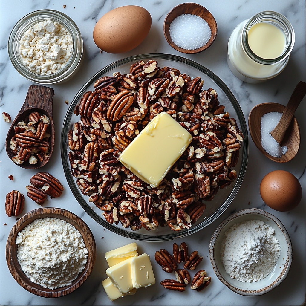 butter melted in a small glass bowl with golden shine, light brown sugar heaped in a rustic ceramic bowl showing rich caramel hues, ground cinnamon in a tiny wooden scoop, coarse kosher salt crystals scattered neatly, all purpose flour in a vintage measuring cup with soft off-white powder, finely chopped pecans with warm brown tones in a small dish, a stick of room temperature butter pale yellow on a wooden butter board, granulated sugar sparkling white in a clear glass jar, two fresh brown eggs with smooth shells, a small glass bottle of vanilla extract with dark amber liquid, sour cream in a white ramekin showing creamy texture, baking powder and baking soda measured in tiny ceramic spoons, powdered sugar dusted lightly on a slate plate next to a small jug of milk, all ingredients arranged symmetrically on a clean white marble surface with natural daylight, subtle shadows enhancing textures, crisp focus on each component, soft neutral background, minimalistic styling with a hint of rustic charm, overhead shot, top down view, flat lay photography, professional food styling --ar 1:1 --q 2 --s 750 --v 6.1