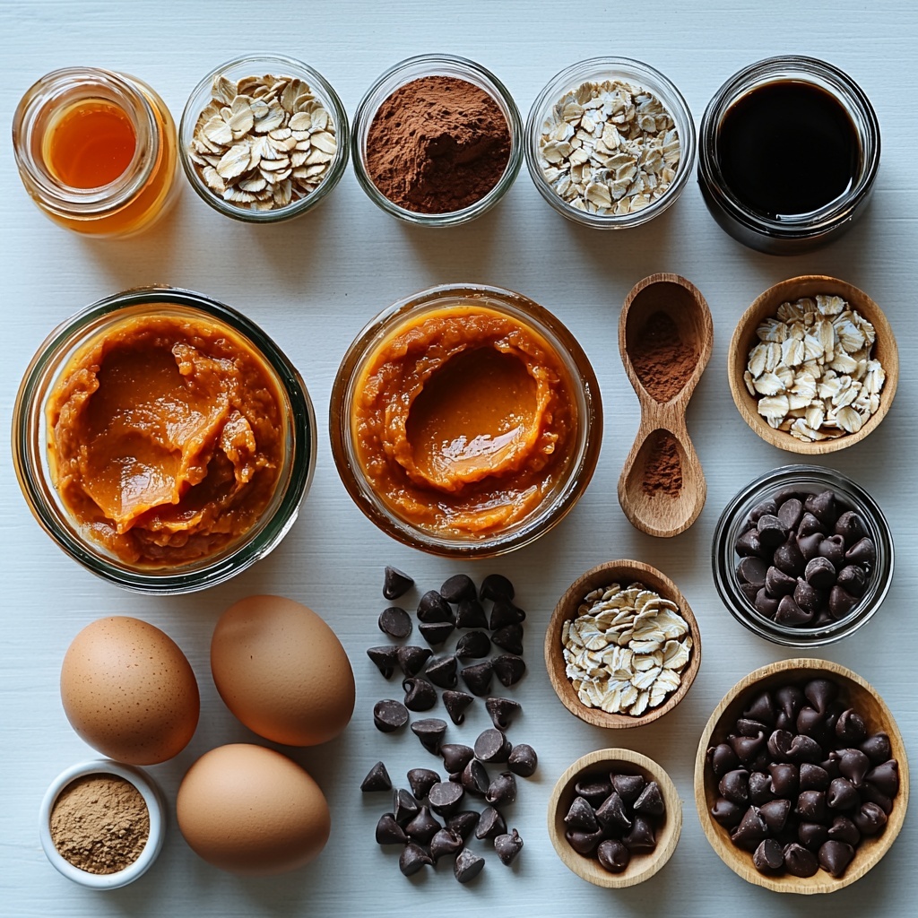 flourless pumpkin muffin ingredients arranged neatly on a clean white surface, vibrant orange pumpkin puree in a small glass bowl, smooth creamy almond butter in a rustic wooden spoon, a clear measuring cup with creamy milk of choice, two large brown eggs with smooth shells, a small jar of golden amber maple syrup catching the light, a glass bottle of vanilla extract, a mound of rolled oats with a coarse texture spilling slightly, small piles of baking powder, baking soda, salt, cinnamon, pumpkin spice, and ground ginger in neat ceramic spoons showing varied warm earth tones, a small bowl filled with glossy dark chocolate chips topped with a few scattered chips nearby, warm natural lighting highlighting the colors and textures, arranged with balanced spacing and subtle shadows for depth, cozy autumnal vibe, minimalistic and clean background emphasizing ingredients freshness, overhead shot, top down view, flat lay photography, professional food styling --ar 1:1 --q 2 --s 750 --v 6.1