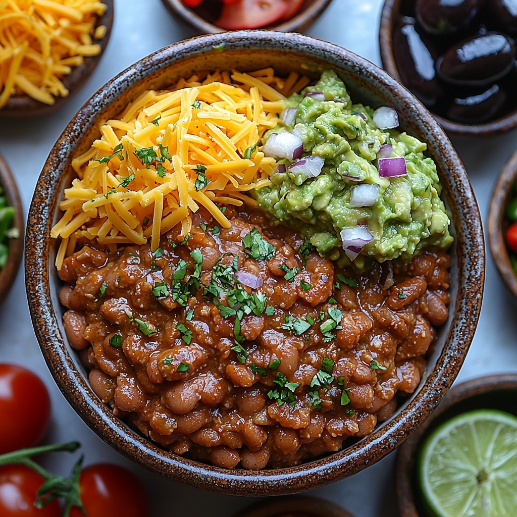 Refried beans in a rustic bowl with a smooth, creamy texture beside a small bowl of golden taco seasoning powder; a generous mound of bright green, chunky guacamole on a white ceramic plate; a bowl of thick, silky sour cream with a slight gloss; a pile of shredded sharp yellow and white cheese with fine strands; diced ripe red tomatoes scattered in a small square dish showing their juicy, vibrant flesh; a small bowl of shiny black olive slices with a glossy surface; finely chopped bright green onions with a fresh, crisp appearance arranged neatly on the clean white surface. All ingredients are spaced evenly on a clean, matte white tabletop with soft natural lighting, creating vibrant color contrast and highlighting textures from smooth to chunky. Minimal shadows, subtle depth, clean and modern food styling with a focus on freshness and layered ingredients. Overhead shot, top down view, flat lay photography, professional food styling --ar 1:1 --q 2 --s 750 --v 6.1