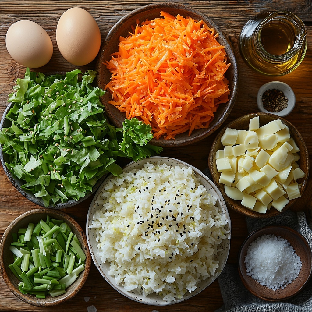 Japanese fried rice ingredients flat lay: fresh minced garlic cloves in a small white bowl, finely chopped pale green leek and bright orange carrot arranged in neat piles, a mound of glossy, slightly sticky cooked Japanese rice with individual grains visible, vibrant shredded green lettuce leaves loosely spread, two large eggs in a rustic ceramic bowl with a fork nearby showing whisked texture, small dish of dark amber soy sauce with subtle reflections, a bottle of golden vegetable oil with a slight sheen, small white bowls of coarse salt and finely ground white pepper, all placed on a clean, light wooden surface with soft natural light casting gentle shadows, colors vibrant and textures clear, styled with minimal rustic props like a wooden spoon and linen napkin, composition balanced with negative space to emphasize freshness and simplicity—overhead shot, top down view, flat lay photography, professional food styling --ar 1:1 --q 2 --s 750 --v 6.1