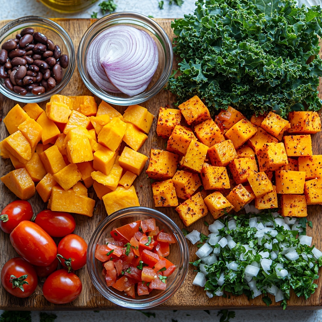Sweet potatoes peeled and diced into bright orange cubes, a whole medium sweet potato sliced in half showing its vibrant orange flesh; a small yellow onion diced finely, with some whole onion bulb nearby; diced red bell pepper pieces alongside a halved red bell pepper showcasing its glossy, rich red interior; a small heap of dark green chopped kale leaves with visible texture; a small bunch of fresh bright green cilantro leaves, some whole sprigs; a small glass bowl of shiny black beans, a separate bowl of petite diced tomatoes with rich red color and juicy texture; small rustic wooden spoons holding ground spices – chili powder deep red, ground cumin warm brown, garlic powder pale beige, smoked paprika rusty red, freshly cracked black pepper specks; a small clear glass bottle or dish of golden olive oil with a slight sheen; coarse salt crystals scattered lightly on the surface; all ingredients neatly arranged and spaced on a clean white textured surface with natural soft lighting enhancing the vivid colors and fresh textures, styled with minimal shadows and slight rustic props like a linen napkin and wooden cutting board edges visible for warmth and balance, overhead shot, top down view, flat lay photography, professional food styling --ar 1:1 --q 2 --s 750 --v 6.1