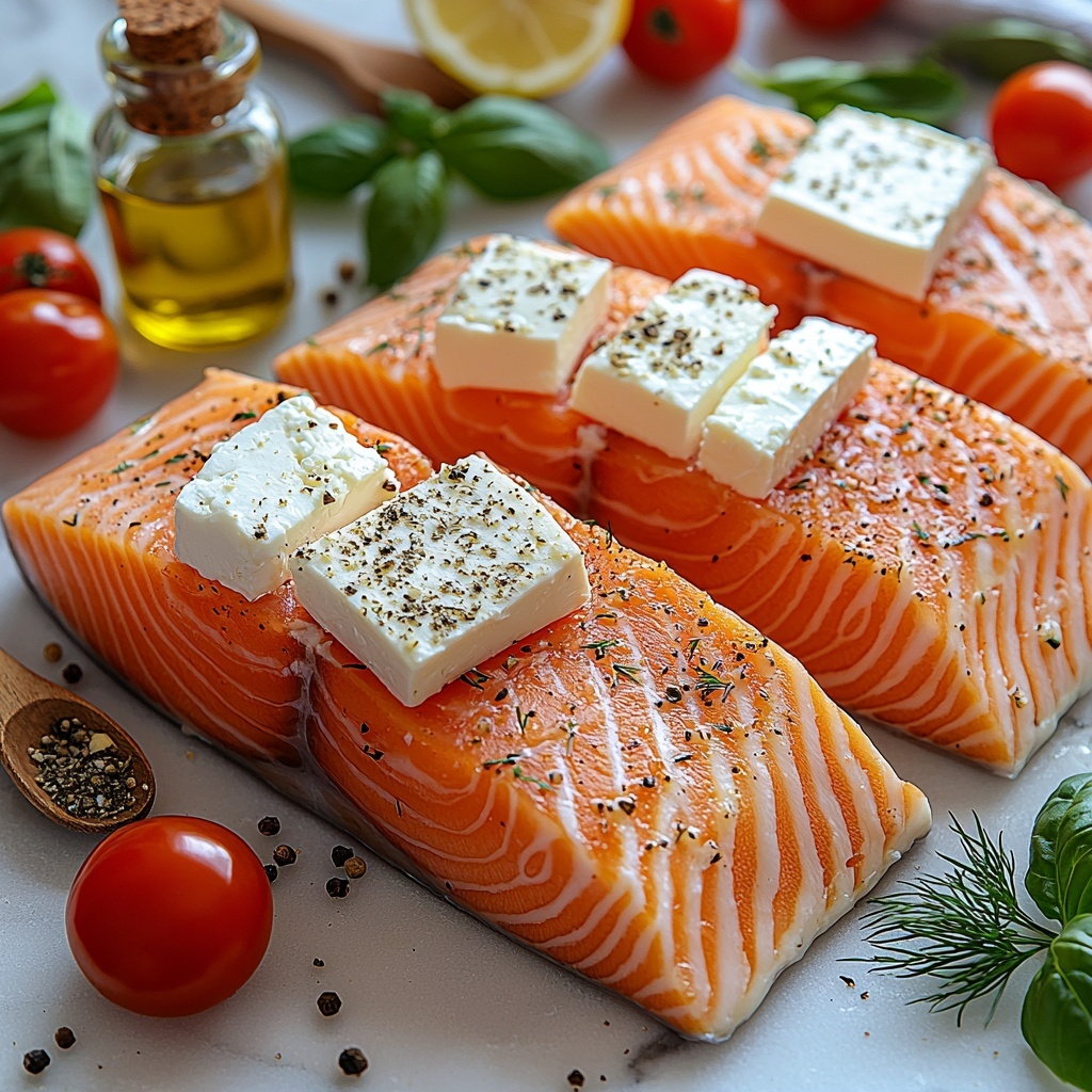salmon filets with rich pink-orange flesh and delicate skin texture, a block of crumbly white feta cheese, vibrant red cherry tomatoes clustered naturally, a small peeled shallot with smooth pale purple layers, small glass bottle of golden extra-virgin olive oil, dried Herbs de Provence sprinkled loosely next to a small wooden spoon, fresh bright green basil leaves with intricate veins, delicate feathery fresh dill sprigs, a sliced lemon showing juicy yellow segments, uncooked pale yellow egg noodles loosely coiled, all ingredients arranged on a clean white marble surface with natural light casting soft shadows, some ingredients slightly overlapping to create depth and visual interest, minimalistic styling with focus on fresh, vibrant colors and contrasting textures, garnished with a few loose basil and dill leaves scattered artfully around overhead shot, top down view, flat lay photography, professional food styling --ar 1:1 --q 2 --s 750 --v 6.1