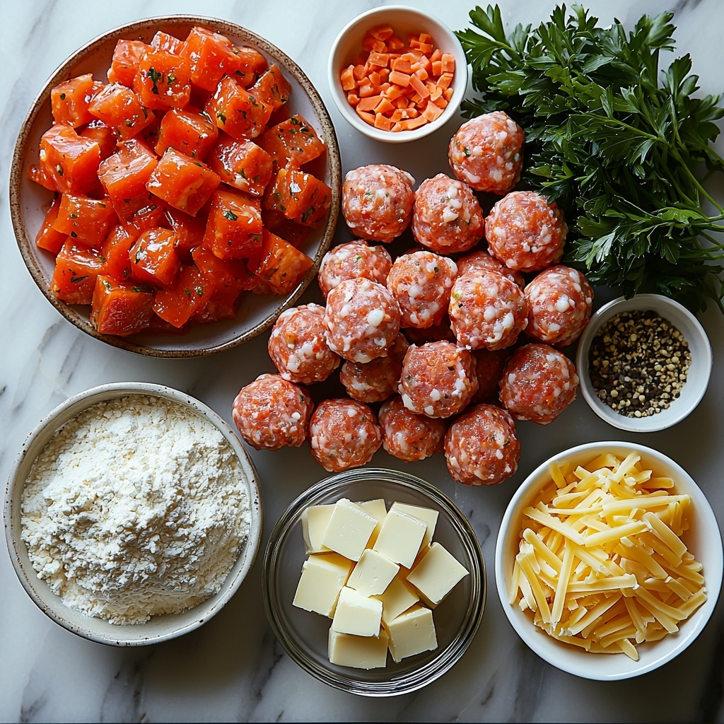 A clean white marble surface with all the main ingredients of Rotel Cream Cheese Sausage Balls neatly arranged in an aesthetically pleasing flat lay. Raw breakfast sausage in a small rustic ceramic bowl showing its coarse texture and pinkish-brown color; a block of softened cream cheese on a white porcelain dish with a small butter knife resting beside it; a small white plate with bright red and green diced Rotel tomatoes, the juices drained; a glass bowl of shredded sharp cheddar cheese showcasing vibrant orange-yellow strands; measuring cups with all-purpose flour, fine and white, and a small ramekin with baking powder, light and powdery; tiny white bowls containing garlic powder, onion powder, and black pepper, their textures fine and powdery with muted beige and black tones; a small bunch of fresh parsley with deep green leaves adding a pop of color; all ingredients spaced evenly on the surface with a gentle natural light casting soft shadows, subtle reflections enhancing textures, minimal props focusing attention on colors and shapes, clean and modern styling emphasizing freshness and homeliness. Overhead shot, top down view, flat lay photography, professional food styling --ar 1:1 --q 2 --s 750 --v 6.1