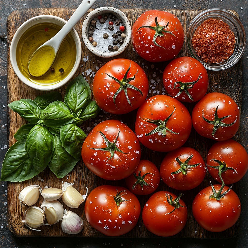 Vine ripe and plum tomatoes, bright red and glossy, about eight whole with a couple halved to show juicy interiors; a small bowl of golden olive oil glistening under light; a spoonful of creamy, pale garlic paste; a dollop of deep red tomato paste on a rustic white ceramic spoon; two fresh basil sprigs—one with vibrant green leaves neatly separated and scattered artistically nearby, the other with stems intact; a small heap of coarse sea salt crystals sparkling softly; ground black pepper scattered lightly on a wooden cutting board; tiny flakes of crushed red pepper with a rich red-orange hue; a spoonful of packed light brown sugar with warm caramel tones in a small glass dish. All ingredients are arranged thoughtfully on a clean, matte white surface with subtle natural light casting soft shadows to enhance textures and colors. Minimalistic styling with slight rustic elements like a natural wood board and linen napkin edge for cozy contrast. Fresh, vibrant, and inviting composition emphasizing the freshness and simplicity of the ingredients, overhead shot, top down view, flat lay photography, professional food styling --ar 1:1 --q 2 --s 750 --v 6.1