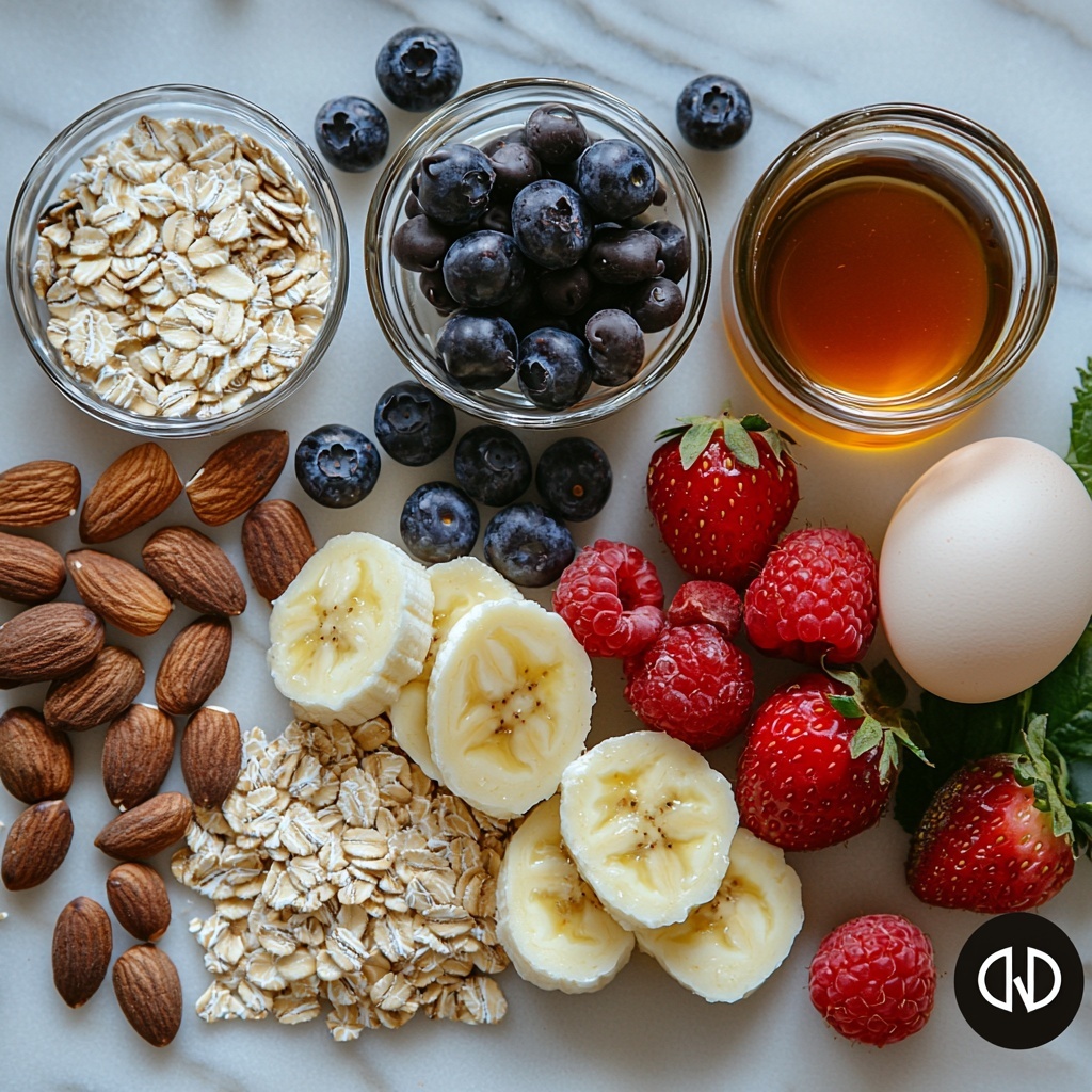 Banana, whole and sliced, bright yellow with soft texture; rolled oats in a small clear glass bowl showing their coarse, flaky texture; a small bottle of unsweetened almond milk with a smooth, creamy white surface; two whole brown eggs and one separate egg white in a small glass dish, glossy and translucent; a small glass bowl with golden amber 100% real maple syrup reflecting light; a small heap of chocolate chips, dark and glossy; fresh mixed berries including deep red raspberries, dark blueberries, and bright strawberries with leafy green tops; a small pile of sliced almonds, pale beige with smooth edges; a rustic wooden spoon resting beside a measuring spoon filled with light beige baking powder; a small bowl of fine white salt; a small glass container with clear vanilla extract; all ingredients arranged neatly and spaced evenly on a clean white marble surface that enhances the natural colors and textures, soft natural light casting gentle shadows for depth, styled minimally with a few green leaves for a fresh, natural vibe, overhead shot, top down view, flat lay photography, professional food styling --ar 1:1 --q 2 --s 750 --v 6.1