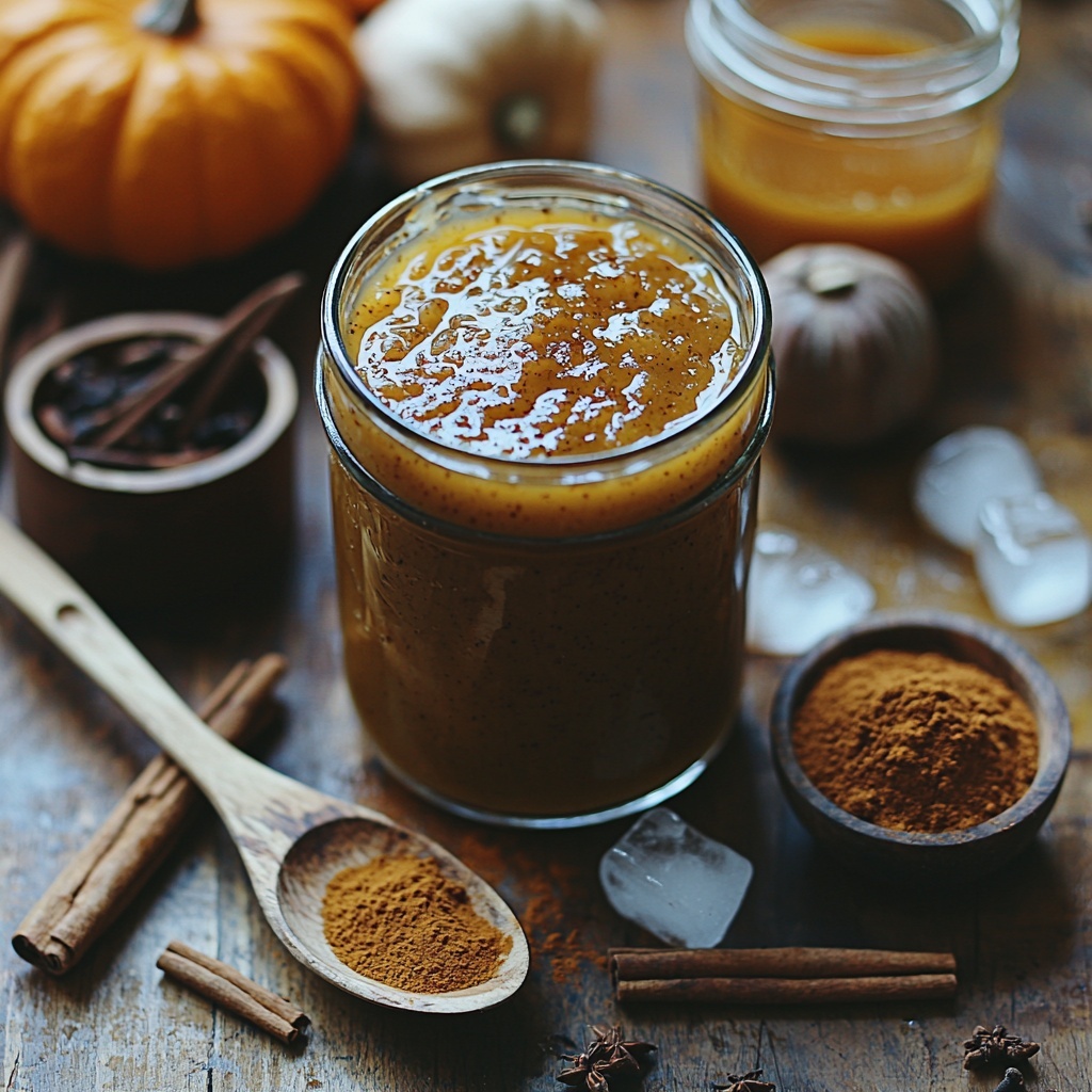 5 cups chilled apple cider in a glass measuring cup with a warm amber hue, ½ cup rich, glossy pumpkin spice sauce in a small rustic bowl with visible specks of spices, ¼ cup golden 100% pure maple syrup in a clear glass jar catching the light, 1 tablespoon creamy vanilla bean paste with tiny black vanilla bean flecks on a white ceramic spoon, 1 teaspoon ground pumpkin pie spice in a small wooden bowl showing vibrant orange-brown tones, a scattering of ice cubes with frosty texture nearby, all arranged neatly on a clean, light wooden surface with soft natural lighting to enhance warm autumn colors and textures, subtle shadows for depth, styled with minimal autumnal props like cinnamon sticks or a small pumpkin for seasonal vibe, overhead shot, top down view, flat lay photography, professional food styling --ar 1:1 --q 2 --s 750 --v 6.1