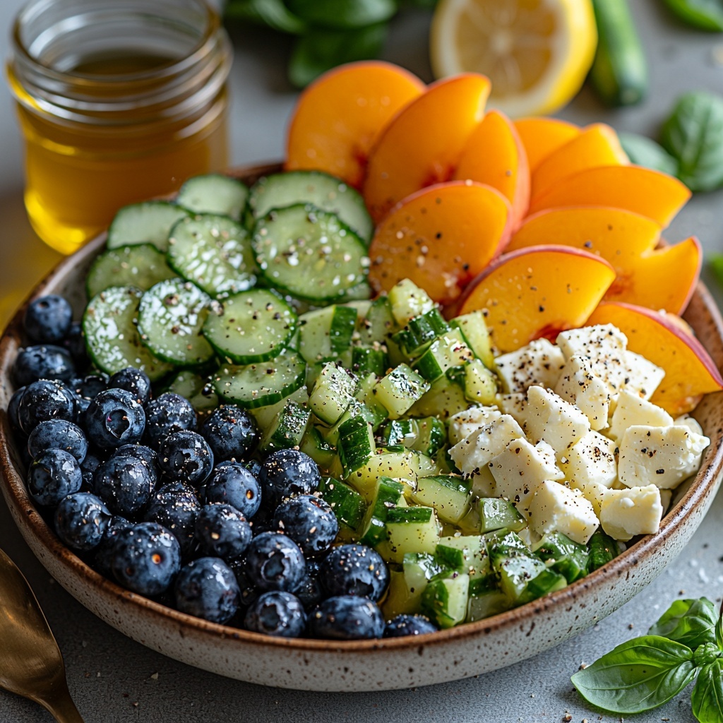 fresh blueberries in a small rustic bowl, diced ripe peaches with vibrant orange and pink hues neatly arranged in a cluster, thinly sliced Persian cucumbers showcasing their pale green skin and crisp white interiors fanned out on the side, a small white dish holding crumbly, creamy feta cheese, a glass jar filled with golden olive oil mixed with flecks of finely chopped bright green basil, a small bowl of amber honey glistening under soft light, a lemon wedge with bright yellow zest, a vintage silver spoon resting beside a jar of dijon mustard with smooth yellow texture, scattered fresh basil leaves adding pops of vivid green, coarse kosher salt and freshly ground black pepper sprinkled artistically on a clean white or light wooden surface, all ingredients spaced evenly with natural shadows and soft diffused daylight highlighting contrasting textures and colors for a fresh, inviting look — overhead shot, top down view, flat lay photography, professional food styling --ar 1:1 --q 2 --s 750 --v 6.1
