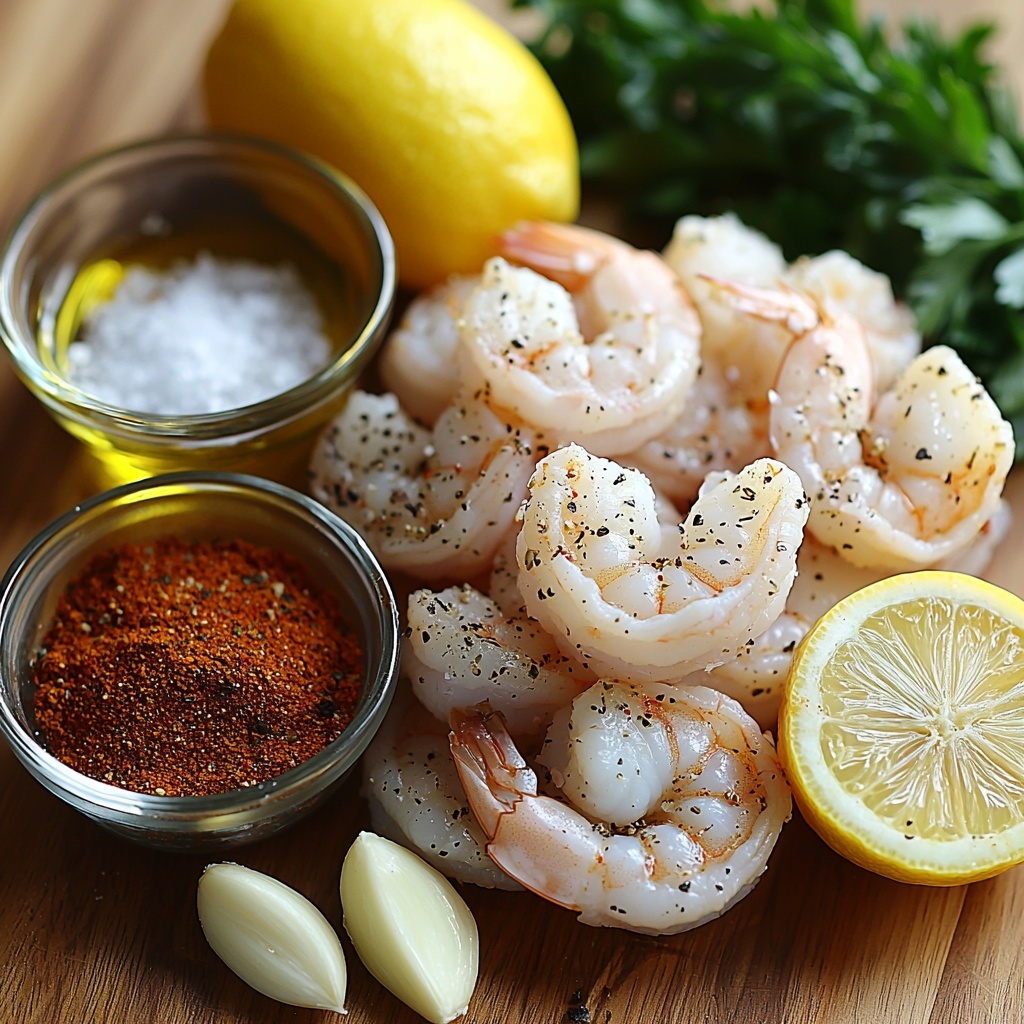 Main ingredients: raw shrimp, olive oil in a small glass bowl, peeled garlic cloves, ground paprika in a small dish, dried oregano in a small dish, coarse salt and cracked black pepper scattered neatly, a halved lemon with bright yellow flesh, fresh parsley sprigs and chopped parsley leaves.

Arrange these ingredients spaced evenly on a clean, light wooden surface with natural soft daylight illuminating from the side, casting gentle shadows. The shrimp are slightly fanned out, showing their pinkish-gray translucent texture. The garlic cloves are whole and plump, the paprika and oregano in tiny rustic bowls highlighting their warm red and muted green hues. The halved lemon is placed cut side up, showcasing its juicy, vibrant interior. Parsley sprigs and a small pile of chopped leaves add a fresh pop of green. Light reflections on the olive oil enhance its golden sheen. Scattered coarse salt crystals and peppercorns provide subtle texture contrasts. Styling is minimalist and elegant, with careful spacing to create visual balance and inviting warmth.

Overhead shot, top down view, flat lay photography, professional food styling --ar 1:1 --q 2 --s 750 --v 6.1
