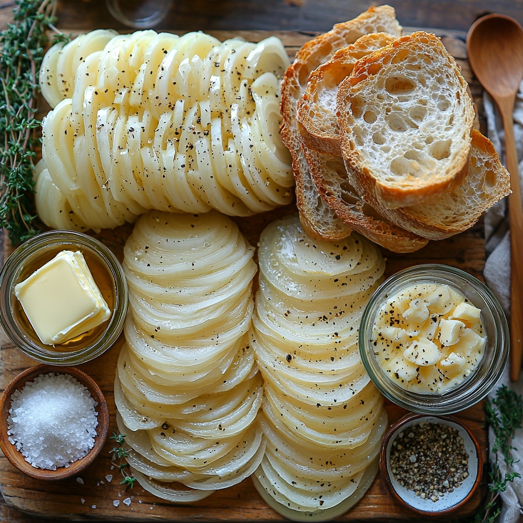 4 large thinly sliced yellow onions fanned out with their translucent layers visible, 4 tablespoons unsalted butter in a small rustic ceramic dish, 1 tablespoon golden olive oil in a clear glass container, 1 teaspoon granulated white sugar in a tiny bowl, 2 cloves minced garlic displayed finely chopped on a wooden board, 8 cups rich dark brown beef broth in a deep clear glass measuring cup, 1 cup pale straw-colored dry white wine in a stemless wine glass, fresh vibrant green thyme sprigs with tiny leaves scattered delicately, coarse salt and cracked black pepper in matching small bowls, 8 slices of crusty baguette with golden toasted edges neatly stacked, 2 cups finely grated Gruyère cheese piled loosely on a white ceramic plate; all ingredients arranged neatly and spaced on a bright clean white textured surface, natural soft daylight illuminating textures and colors with subtle shadows, minimal rustic props like a wooden spoon and linen napkin at the edges, harmonious warm earthy tones balanced with fresh greens, overhead shot, top down view, flat lay photography, professional food styling --ar 1:1 --q 2 --s 750 --v 6.1