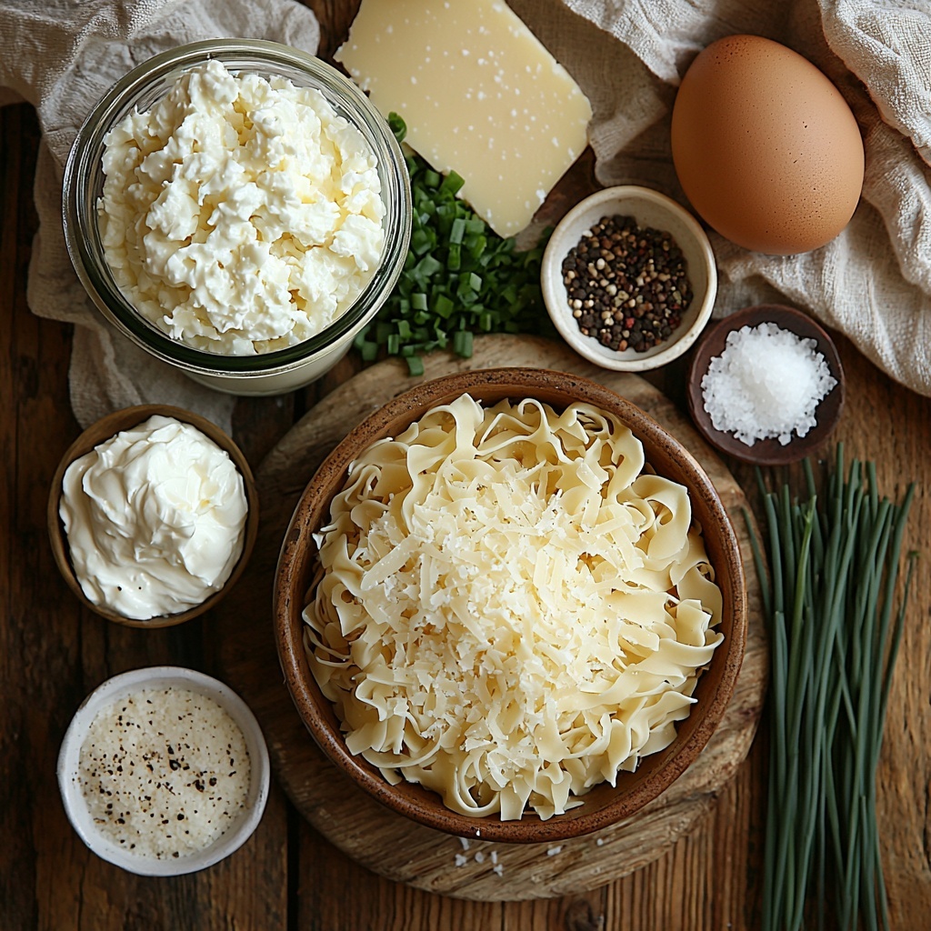 Egg noodles in a small rustic bowl, pale yellow and smooth, next to a glass jar of creamy white 4% milkfat cottage cheese with visible curds, a white ceramic bowl filled with thick sour cream, a large brown egg resting on a wooden board, a small heap of finely shredded Parmesan cheese in off-white tones spilling slightly on the surface, a neat pile of bright green chopped chives scattered artistically, white and black ceramic spoons holding ground black pepper and minced garlic respectively, and a small dish of fine white salt crystals. All ingredients are arranged carefully on a clean, light wood surface with soft natural light casting gentle shadows, emphasizing the varied textures — creamy, grainy, shredded, and smooth. The composition is balanced and airy, styled with minimal rustic props like a linen napkin folded gently to one side, evoking a fresh, inviting kitchen feel. Overhead shot, top down view, flat lay photography, professional food styling --ar 1:1 --q 2 --s 750 --v 6.1