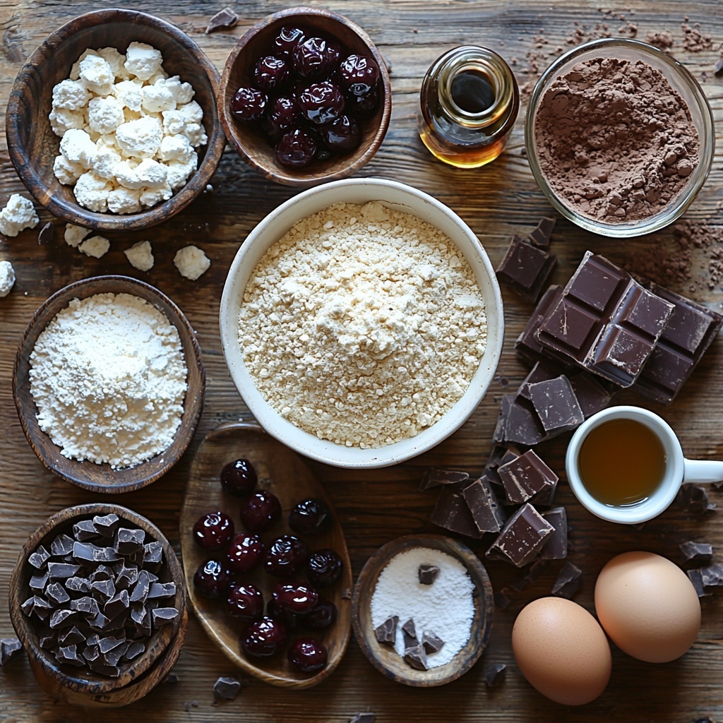 all-purpose flour in a neat mound in a small white ceramic bowl, rich dark brown unsweetened cocoa powder in a rustic wooden bowl, crystalline granulated sugar sparkling under soft light in a clear glass jar, small heap of light brown espresso powder and pale beige baking soda and baking powder powders arranged in tiny porcelain spoons, coarse grains of salt in a tiny dish, golden canola oil shimmering in a small glass measuring cup, two large fresh eggs with smooth shells resting side by side, pale creamy sour cream dolloped in a white ramekin, slightly tinted buttermilk in a small clear glass, a sleek bottle of pure vanilla extract with amber liquid catching highlights, steaming cup of dark coffee or water in a matte mug, glossy dark sweet cherries in a small vintage bowl with a few halved cherries displayed in front, a small glass bottle of deep ruby cherry liquor, thick white heavy cream swirled gently in a bowl, finely chopped rich semi-sweet chocolate pieces scattered artistically on parchment paper, delicate drizzle of translucent light corn syrup in a tiny white dish, powdered sugar in a fine mesh sieve dusted lightly nearby, arranged elegantly on a smooth light wooden surface with scattered cake crumbs and a soft linen cloth folded subtly to one side, natural diffused daylight emphasizing textures and rich colors of ingredients, clean and minimalist styling with balanced negative space, overhead shot, top down view, flat lay photography, professional food styling --ar 1:1 --q 2 --s 750 --v 6.1