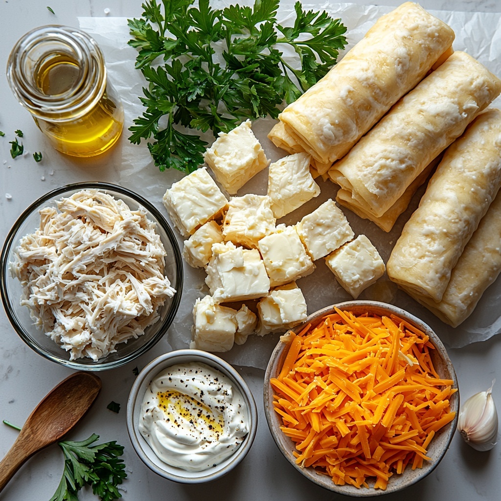 Crescent roll dough unrolled in soft beige triangles on a smooth white surface; small glass bowl of shredded cooked chicken with tender, fibrous texture in warm white and light brown tones; a block of cream cheese, creamy and smooth, partially softened with a silver butter knife beside it; small bowl filled with bright orange shredded cheddar cheese, fluffy and vibrant; wooden spoon sprinkled with fine, off-white garlic powder; fresh parsley sprigs and a small pile of finely chopped green parsley leaves adding a pop of vivid green color; small white ramekin with mixed salt and black peppercorns visible; bottle of golden olive oil with a subtle shine; all elements neatly spaced and balanced, emphasizing natural textures and colors, soft natural light casting gentle shadows, minimalistic and clean backdrop enhancing freshness and inviting warmth. Overhead shot, top down view, flat lay photography, professional food styling --ar 1:1 --q 2 --s 750 --v 6.1
