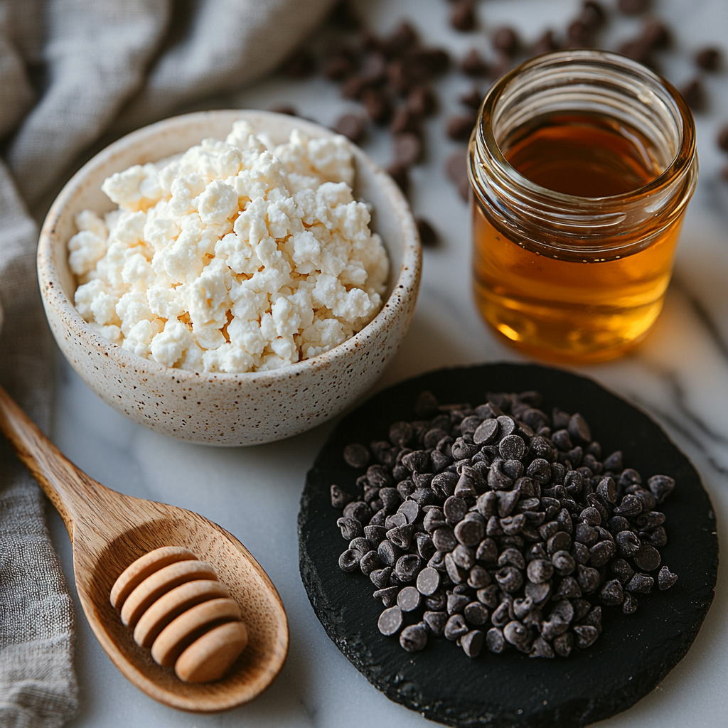 Cottage cheese in a small white bowl showing its creamy, slightly lumpy texture; a glass jar of golden amber maple syrup with a wooden honey dipper resting beside it; a small clear glass bowl of smooth vanilla extract with a rich, dark brown color; fine almond flour in a rustic ceramic bowl, soft and powdery with a light beige tone; a dollop of natural peanut butter on a small wooden plate, creamy and glossy with a warm tan color; a neat pile of vanilla protein powder in a white porcelain bowl, powdery and pale; and a scattering of glossy dark chocolate chips on a matte black slate board. All ingredients arranged thoughtfully in a balanced composition on a clean white marble surface, soft natural daylight highlighting textures and subtle shadows, minimal props including a linen napkin and wooden spoon for warmth, emphasizing fresh, wholesome, and inviting aesthetic. Overhead shot, top down view, flat lay photography, professional food styling --ar 1:1 --q 2 --s 750 --v 6.1