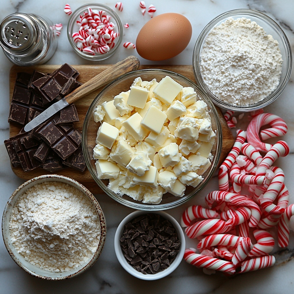 A clean white marble surface with all the main ingredients for chocolate peppermint slice and bake cookies artfully arranged: a small bowl of soft, creamy unsalted butter with a silver butter knife, a glass jar of fine powdered sugar with a delicate wooden spoon, a single large brown egg, a small glass bottle of vanilla extract with a cork stopper, a tiny vial of clear peppermint extract, a neatly sifted mound of pale all-purpose flour, next to a rich dark brown heap of fine cocoa powder, a small pinch bowl with coarse sea salt, a clear bowl overflowing with shiny mini dark chocolate chips, a rustic wooden board holding roughly chopped glossy white chocolate chunks, a small white ceramic dish with smooth, clear coconut oil, and a white ceramic bowl filled with crushed red and white candy canes that add a festive pop of color. The ingredients are spaced evenly with natural soft daylight casting gentle shadows, clean and minimal styling with subtle rustic wooden accents and a few scattered whole candy canes for contrast. Overhead shot, top down view, flat lay photography, professional food styling --ar 1:1 --q 2 --s 750 --v 6.1