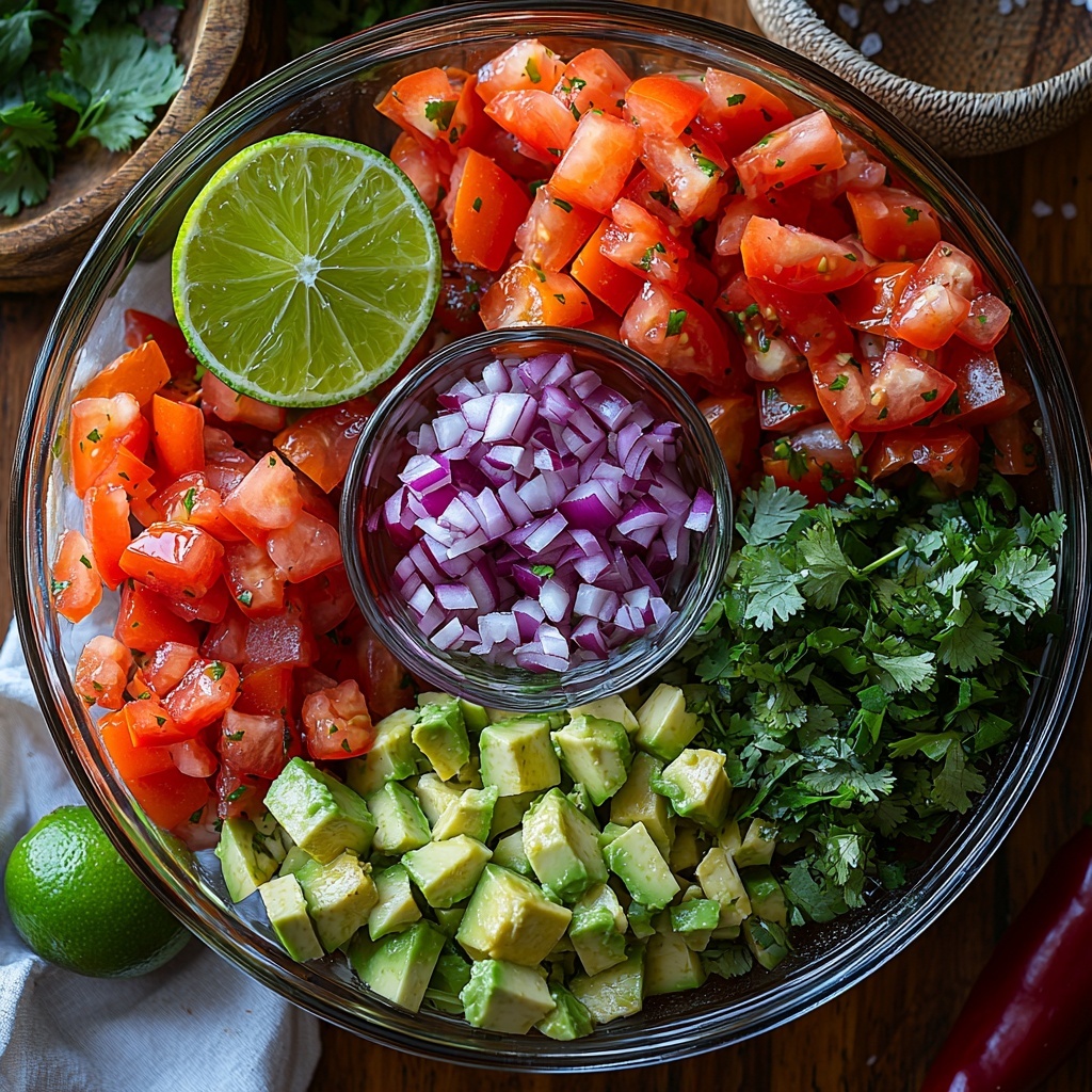 ripe avocados diced in a small clear glass bowl showing creamy green texture, 1 cup diced vibrant red Roma tomatoes scattered in a white ceramic bowl, finely chopped purple-red red onion in a small rustic wooden bowl, bright green chopped fresh cilantro loosely piled on a natural linen cloth, a single green jalapeño pepper sliced open to show seeds on a smooth white marble surface, half a fresh lime cut and placed next to a small glass bowl of lime juice, a small bowl of coarse sea salt with some grains spilled artistically, all ingredients carefully spaced and arranged on a clean light wood surface with soft natural daylight highlighting vivid colors and fresh textures, minimal shadows, subtle rustic props like a vintage silver spoon and a woven basket edge peeking in the frame, overhead shot, top down view, flat lay photography, professional food styling --ar 1:1 --q 2 --s 750 --v 6.1