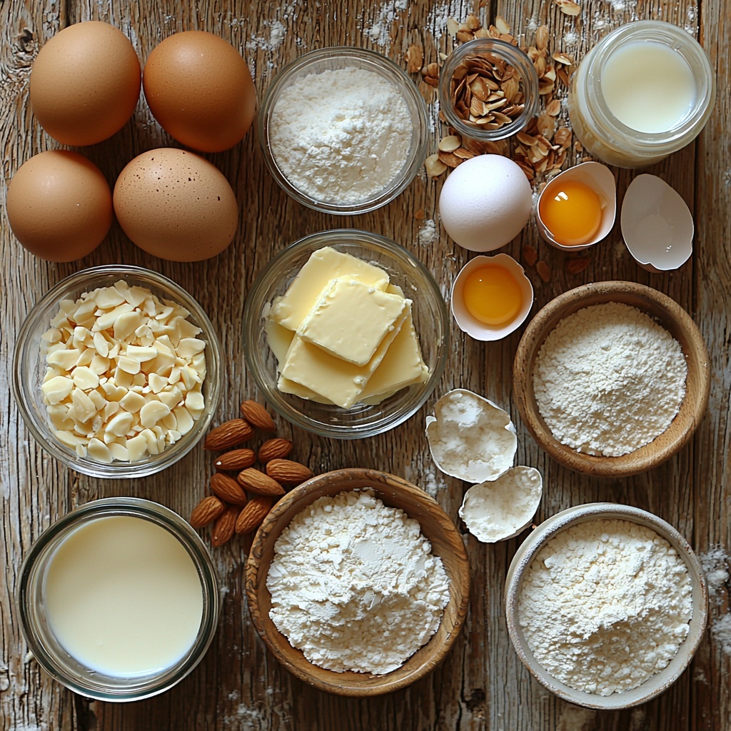 Almond Filled Coffee Cake ingredients arranged flat lay on a clean, light wooden surface: four bright yellow egg yolks in a small glass bowl, a half cup of sparkling white sugar neatly spooned into a small ceramic dish, a stick of pale yellow butter slightly softened on a white butter dish, a clear glass measuring cup filled with creamy off-white lukewarm milk, two small white ceramic spoons holding golden vanilla extract and fine white granulated salt, a small open packet of yeast with tiny beige granules spilling slightly, a heaping pile of soft off-white all-purpose flour dusted lightly for texture, two small open metal cans with a thin glossy layer of creamy filling spread very thin, a small bowl with one beaten white egg white, and a delicate pile of light tan sliced almonds fanned out artistically. Natural soft daylight casting gentle shadows, minimalistic and clean styling with neutral colored ceramics and wooden accents, slight flour dusting and a few almond slices scattered casually to add rustic charm. Overhead shot, top down view, flat lay photography, professional food styling --ar 1:1 --q 2 --s 750 --v 6.1