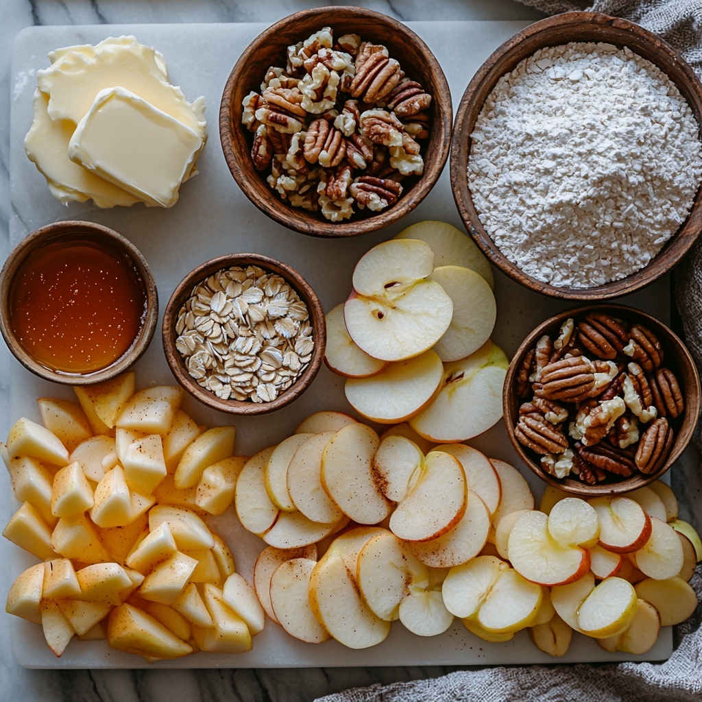 Maple Apple Crisp ingredients arranged neatly on a clean white marble surface: peeled, cored, and sliced McIntosh apples with their pale cream and soft red hues fanned out beside firm, sliced Gala apples showing bright yellow and blush tones; small rustic bowls containing all-purpose flour in fine white powder, dark amber pure maple syrup thick and glossy, warm brown cinnamon powder, and a small heap of nutmeg powder; softened unsalted butter sculpted into a smooth pat on a wooden butter board; a small mound of golden-brown granulated maple sugar with sparkling crystals; chopped pecans and walnuts showcasing rich caramel and earthy brown textures spilling slightly from a natural linen napkin; a neat pile of rolled oats with rough, flaky texture; a pinch of coarse salt crystals scattered artistically nearby. The ingredients are spaced with balanced negative space, soft natural lighting highlighting subtle textures and warm autumnal colors, gentle shadows adding depth, and styled with minimal rustic props like wooden spoons and linen cloth for a cozy, inviting feel. overhead shot, top down view, flat lay photography, professional food styling --ar 1:1 --q 2 --s 750 --v 6.1
