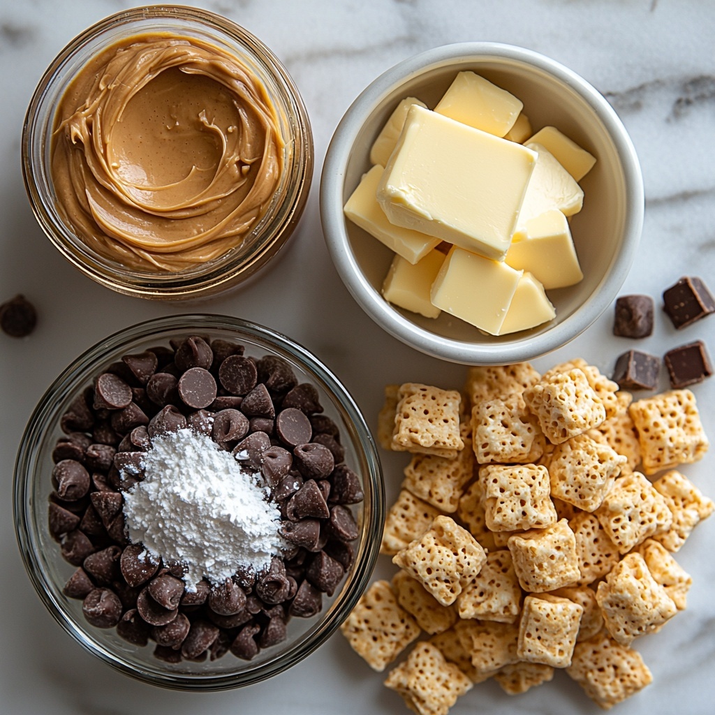 peanut butter in a small glass jar with smooth creamy texture, a bowl of powdered sugar finely sifted, a pat of softened butter on a white ceramic dish, a clear glass bowl filled with crispy golden Rice Krispies cereal, a small white ramekin overflowing with glossy dark chocolate chips, ingredients arranged neatly and spaced evenly on a clean white marble surface, natural soft daylight highlighting textures and warm tones, rustic wooden spoon resting nearby, minimalistic styling with subtle shadows, fresh and inviting flat lay display overhead shot, top down view, flat lay photography, professional food styling --ar 1:1 --q 2 --s 750 --v 6.1