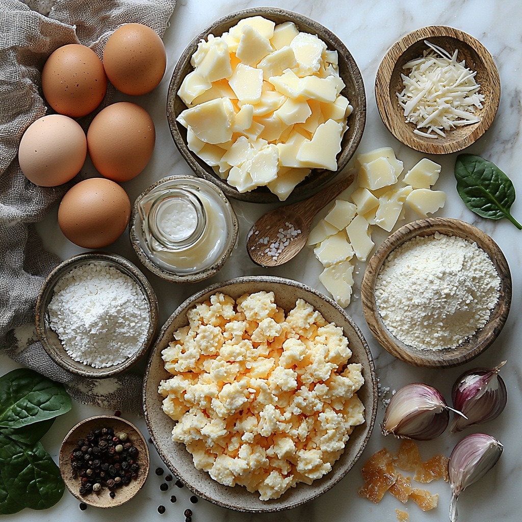 Sausage crumbles cooked to golden brown, cracked eggs in a rustic bowl, a small jug of creamy milk, piles of shredded cheese (cheddar, emmental, or mozzarella) with vibrant yellow and white hues, sifted white flour in a ceramic dish, a teaspoon of baking powder spooned out, coarse salt and black peppercorns scattered, a pinch of bright red paprika powder in a tiny dish; optionally, diced red and green bell peppers, finely chopped white onions, fresh deep green spinach leaves, and sliced brown mushrooms artfully placed around. All ingredients arranged neatly on a clean white marble surface with soft natural daylight casting gentle shadows, styled with minimal rustic props like wooden spoons and linen napkins, emphasizing textures—the flaky sausage, smooth eggs, fluffy flour, and vibrant vegetables—for an inviting breakfast preparation scene. Overhead shot, top down view, flat lay photography, professional food styling --ar 1:1 --q 2 --s 750 --v 6.1