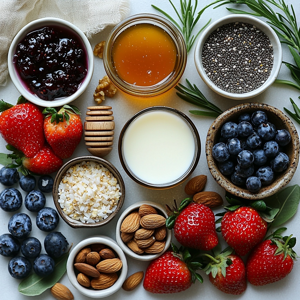 Crisp flat lay of key ingredients for coconut chia pudding arranged neatly on a pristine white surface: a shiny 14-ounce can of light coconut milk with soft metallic reflections, a small clear glass bowl filled with glossy, dark chia seeds showcasing their tiny, glossy texture, a delicate ceramic spoon holding golden honey (or amber maple syrup) glistening under soft light, a small glass vial of pure vanilla extract with a rich dark brown liquid inside, and a tiny white porcelain dish containing a pinch of coarse kosher salt crystals catching subtle highlights. Surrounding the main ingredients are small bowls of vibrant fresh fruit (bright red strawberries, deep blue blueberries), a rustic jar of ruby red jam with slight texture contrast, and a handful of mixed nuts with warm earthy tones and varied shapes, adding natural texture and color diversity. Soft natural daylight with subtle shadows enhances textures and colors, styled minimally with fresh green leaves and a neutral linen napkin to evoke freshness and simplicity. Composition balanced and inviting with negative space to emphasize each ingredient’s detail. overhead shot, top down view, flat lay photography, professional food styling --ar 1:1 --q 2 --s 750 --v 6.1
