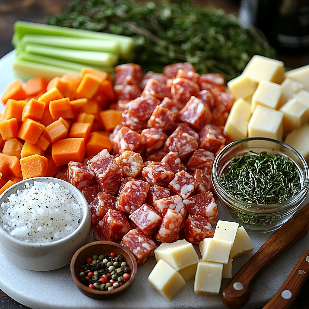 4 oz diced pancetta with rich pink and white marbling, 2 pounds raw ground pork in a rustic mound, 4 cloves garlic minced finely scattered, salt crystals in a small white ceramic dish, 2 diced bright orange carrots, 2 diced pale green celery stalks, 1 diced translucent yellow onion, a clear glass cup filled with dry white wine, a small bowl of golden chicken broth, 1 cup creamy whole milk in a glass measuring cup, 2 fresh green bay leaves, a bundle of vibrant thyme sprigs with tiny leaves, 2 sprigs of fresh rosemary with needle-like leaves, a small heap of warm brown ground nutmeg, a large wedge of pale ivory parmesan rind with a slightly rough texture — all arranged neatly on a smooth, clean white marble surface. Ingredients spaced evenly with natural light casting soft shadows, rustic wooden utensils placed artfully nearby, a lightly textured linen napkin folded gently to one side, colors vibrant and textures clearly defined, minimalist and airy styling, emphasizing freshness and quality of the components. Overhead shot, top down view, flat lay photography, professional food styling --ar 1:1 --q 2 --s 750 --v 6.1