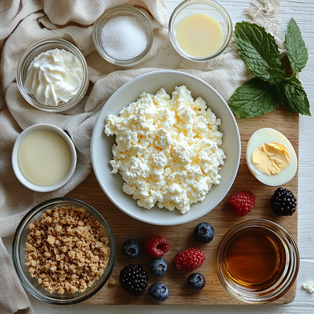 A clean white surface artfully arranged with the main ingredients for a cottage cheese and yogurt egg cheesecake. On one side, a small white bowl filled with 1 1/2 cups golden graham cracker crumbs next to a clear glass bowl containing melted golden butter. Nearby, a small glass dish holds two tablespoons of fine white sugar, and a tiny pinch of salt is delicately placed on a white ceramic spoon. A generous mound of creamy, textured full-fat cottage cheese sits in a rustic light blue bowl alongside a smooth white cup of plain Greek yogurt. Three large fresh eggs with smooth brown shells are nestled together on a linen napkin. A small glass bowl contains 1/2 cup of granulated sugar, paired with a separate dish holding a tablespoon of translucent white cornstarch. A slender glass vial of pale vanilla extract lies beside a small pile of bright, freshly grated lemon zest adding pops of yellow. A pinch of salt is artfully scattered. A vivid cluster of mixed fresh berries – raspberries, blueberries, and blackberries – adds deep red, blue, and purple hues, placed casually on a wooden cutting board. Two tablespoons of amber maple syrup rest in a tiny glass jug. Four to six vibrant green mint leaves are scattered organically around the berries. The arrangement balances rustic natural textures and vibrant colors against the clean minimal surface, with natural soft daylight enhancing the creamy, fresh, and wholesome ingredients. overhead shot, top down view, flat lay photography, professional food styling --ar 1:1 --q 2 --s 750 --v 6.1