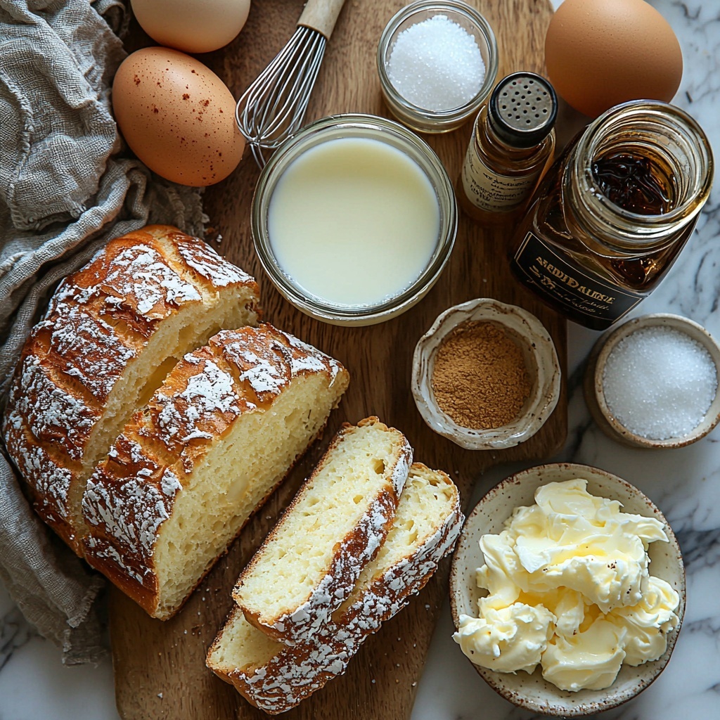 brioche loaf sliced into thick pieces with golden crust and soft interior, whole eggs in a small rustic bowl, glass measuring cup filled with creamy whole milk, small bowl of heavy cream with smooth texture, white ceramic bowl with granulated sugar sparkling under light, amber vanilla extract bottle with elegant label, cinnamon powder sprinkled in an open wooden spoon, a pinch of salt in a tiny ceramic dish, all ingredients arranged neatly on a clean white marble surface with natural daylight casting soft shadows, warm and inviting color palette emphasizing creamy whites, golden browns, and earthy tones, subtle props like a vintage whisk and linen napkin casually placed, textures ranging from smooth liquids to granular sugar and fluffy bread visible, overhead shot, top down view, flat lay photography, professional food styling --ar 1:1 --q 2 --s 750 --v 6.1