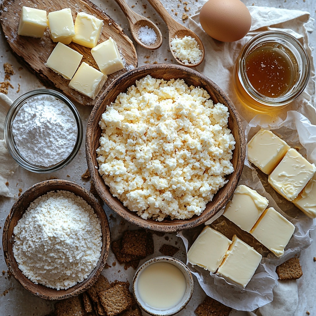 graham cracker crumbs in a small rustic bowl with a wooden spoon, melted unsalted butter in a clear glass measuring cup showing golden liquid, granulated sugar in a tiny white ceramic bowl with fine sparkling crystals, several blocks of softened cream cheese wrapped partially in parchment paper showing creamy white texture, whole large brown eggs with smooth shells, a small glass bowl of sour cream rich and glossy, a small glass bottle of vanilla extract with amber liquid, a pinch of fine sea salt in a tiny white dish, chunks of unsalted butter neatly arranged on parchment paper, heavy cream in a small clear glass pitcher showing creamy white liquid, and a shallow bowl with warm golden brown salted caramel sauce with a slightly glossy surface and scattered flaky sea salt flakes; all ingredients arranged symmetrically on a clean white textured surface with soft natural light creating gentle shadows and highlighting textures, subtle touches of light wood props and neutral linen napkins adding warmth and balance, styled with minimalistic elegance and vibrant natural colors emphasizing freshness and inviting cozy homemade baking vibes; overhead shot, top down view, flat lay photography, professional food styling --ar 1:1 --q 2 --s 750 --v 6.1