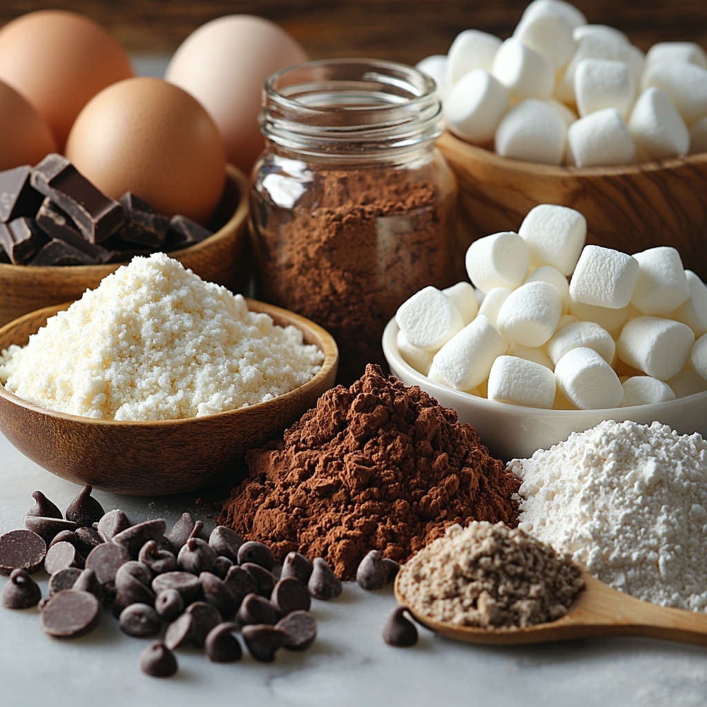 Unsalted butter melted in a small glass bowl, light golden and glossy; white granulated sugar in a neat ceramic bowl, sparkling fine crystals; soft, moist brown sugar heaped gently in a rustic wooden bowl with rich caramel tones; two large fresh eggs with smooth brown shells placed side by side; a small clear glass jar of vanilla extract with deep amber liquid; unsweetened cocoa powder in a shallow white dish, dark matte powder contrasting with the white surface; all-purpose flour in a fine mound with a small vintage sifter nearby; baking powder and salt each in tiny porcelain spoons, bright white and off-white powders; a scattering of glossy dark chocolate chips with varied shapes and textures near a measuring cup; mini marshmallows fluffy, white and pillowy, spilling slightly from a small white bowl; all ingredients carefully arranged and spaced on a clean white marble surface, natural soft daylight illuminating textures and colors, subtle shadows adding depth, styled with delicate linen fabric and a wooden spoon as props, minimalistic and cozy winter vibe, overhead shot, top down view, flat lay photography, professional food styling --ar 1:1 --q 2 --s 750 --v 6.1