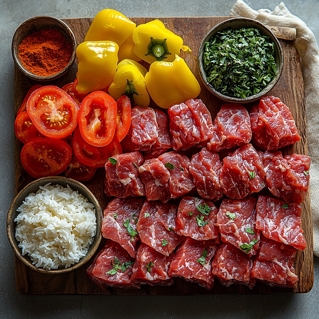 /Imagine prompt: A vibrant flat lay of fresh and raw ingredients for Queso Steak Fajita Skillet arranged neatly on a clean white surface. Sliced red, yellow, and green bell peppers fanned out showcasing their vivid colors and crisp textures; a small bowl of bright red tomato sauce with a smooth, glossy finish; a mound of uncooked Minute Rice, fluffy and white with fine grains visible; a small bowl of rich, golden olive oil with reflective highlights; diced yellow onion pieces piled beside the peppers, showing their translucent, slightly glossy texture; strips of raw top sirloin steak arranged in a neat row, showing the deep red, marbled meat with fresh, juicy texture; a sealed packet of fajita seasoning with visible bold text and colorful graphics; a small bowl of creamy, melted Gordo’s Cheese Dip with an inviting, gooey texture. The ingredients spaced evenly and symmetrically for visual balance, with natural soft lighting enhancing their vibrant colors and fresh textures, styled with minimal rustic props like wooden spoons and a linen napkin for warmth and authenticity. Shadows soft and subtle to emphasize texture without distracting. overhead shot, top down view, flat lay photography, professional food styling --ar 1:1 --q 2 --s 750 --v 6.1