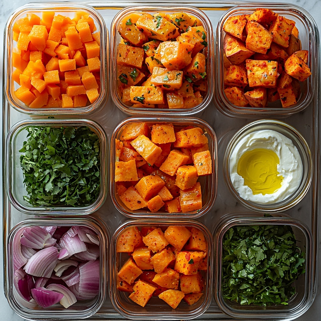 sweet potato chunks with vibrant orange flesh, bright orange carrot pieces cut smaller than sweet potato, wedges of sweet red onion with translucent layers, diced red pepper showing shiny red skin and seeds removed, thick wedges of glossy dark purple eggplant with pale interior, small bowl of smooth deep red harissa paste, small glass container of golden olive oil, heap of fluffy pale yellow couscous in a clear bowl, fresh chopped bright green cilantro and parsley scattered lightly around, dollop of creamy white yogurt with flecks of green herbs mixed in, small lemon wedge or drizzle of lemon juice in a tiny dish, sprinkling of coarse sea salt, ground black pepper, and light dusting of garlic powder in tiny bowls, all ingredients thoughtfully spaced on a clean white marble surface with soft natural light highlighting colors and textures, subtle shadows adding depth, rustic wooden spoon and small vintage knife placed casually nearby for styling, overhead shot, top down view, flat lay photography, professional food styling --ar 1:1 --q 2 --s 750 --v 6.1