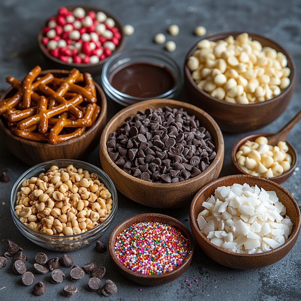 chocolate chips in two bowls—one with smooth, glossy dark chocolate chips and the other creamy white chocolate chips with a small spoon of vegetable oil beside it; a rustic wooden bowl filled with golden-brown mini pretzel twists scattered slightly to show their twisted shapes and crisp texture; small clear glass dishes containing colorful rainbow sprinkles, finely chopped mixed nuts with varied earthy tones, fluffy shredded coconut with delicate white flakes, flaky sea salt crystals sparkling subtlety, crushed peppermint hard candies with vivid red and white speckles, and light tan cookie or graham cracker crumbs with a sandy texture; a small bowl of melted chocolate with a shiny surface and a thin fork resting on its edge ready for drizzling; all ingredients arranged neatly yet organically on a clean, matte white surface with soft natural lighting highlighting the contrast of colors and textures, minimal shadows, slight reflections adding depth, styled with occasional stray sprinkles and flakes for an inviting, artisanal feel overhead shot, top down view, flat lay photography, professional food styling --ar 1:1 --q 2 --s 750 --v 6.1
