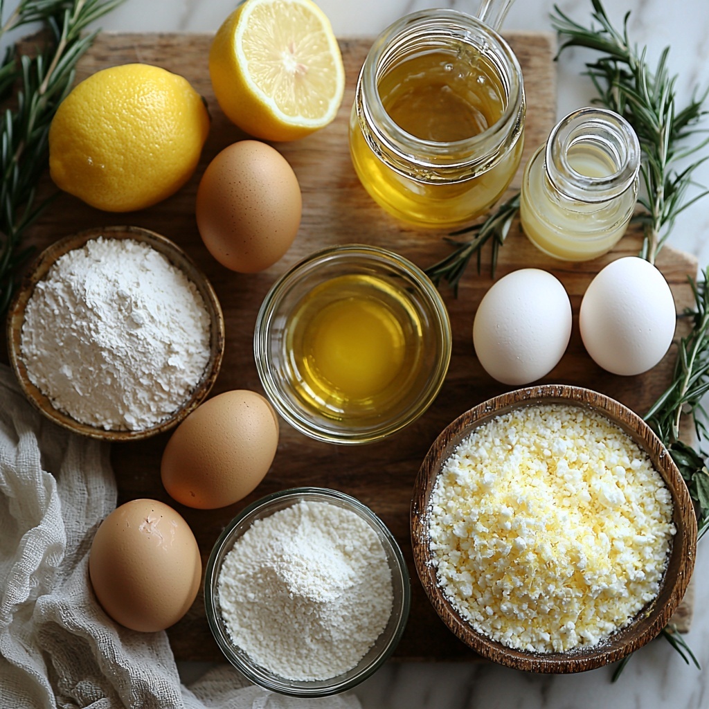 A clean, bright kitchen surface with all ingredients arranged neatly for an Italian lemon cake: three brown eggs in a small rustic ceramic bowl, a clear glass cup filled with white granulated sugar, a small glass jug of golden extra virgin olive oil catching the light, a slightly larger glass container with creamy whole milk, a small white dish holding finely grated bright yellow lemon zest, a tiny glass bowl of fresh pale yellow lemon juice, a mound of fine white all-purpose flour on a natural linen cloth, a wooden spoon resting beside a small heap of white baking powder, and a pinch of salt in a tiny porcelain spoon. The ingredients are spaced evenly with natural sunlight casting soft shadows, warm tones highlighting the textures—glossy eggshells, powdery flour, smooth liquids, and zest’s delicate strands—styled simply with a few fresh lemon halves and sprigs of green rosemary for a pop of color. Overhead shot, top down view, flat lay photography, professional food styling --ar 1:1 --q 2 --s 750 --v 6.1