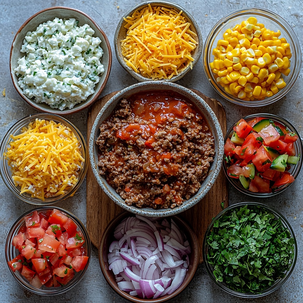 A bright, clean flat lay of the main ingredients for Easy One Pot Mexican Rice Casserole arranged neatly on a smooth white surface. Include a raw pound of ground beef in a rustic ceramic bowl with visible texture, a small glass bowl of finely chopped white onion, another small bowl with minced garlic cloves, and a small dish holding golden-yellow taco seasoning powder. Next, feature a bright red bowl of smooth tomato sauce alongside a can of diced tomatoes with green chilies spilling some vibrant red and green pieces onto a small plate. Add a small rustic bowl filled with bright yellow corn kernels, a neat pile of uncooked long grain white rice grains visible with a slightly glossy texture, and a clear glass measuring cup with rich brown beef broth. Include a small heap of shredded bright orange cheddar cheese on a wooden board, and optional toppings arranged in tiny bowls: creamy white sour cream, diced fresh red tomatoes, and vibrant green chopped cilantro leaves. The colors are vivid and fresh, with natural light highlighting the textures—the smoothness of tomato sauce, the graininess of rice, and the crumbly ground beef. The composition is balanced and inviting, with enough negative space to keep it airy and modern. Overhead shot, top down view, flat lay photography, professional food styling --ar 1:1 --q 2 --s 750 --v 6.1